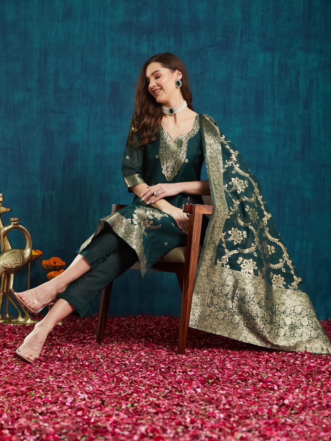RAJGRANTH Floral Woven Design Regular Chanderi Silk Straight Kurta With Trouser & Dupatta, Green
RAJGRANTH Floral Woven Design Regular Chanderi Silk Straight Kurta With Trouser & Dupatta, Green