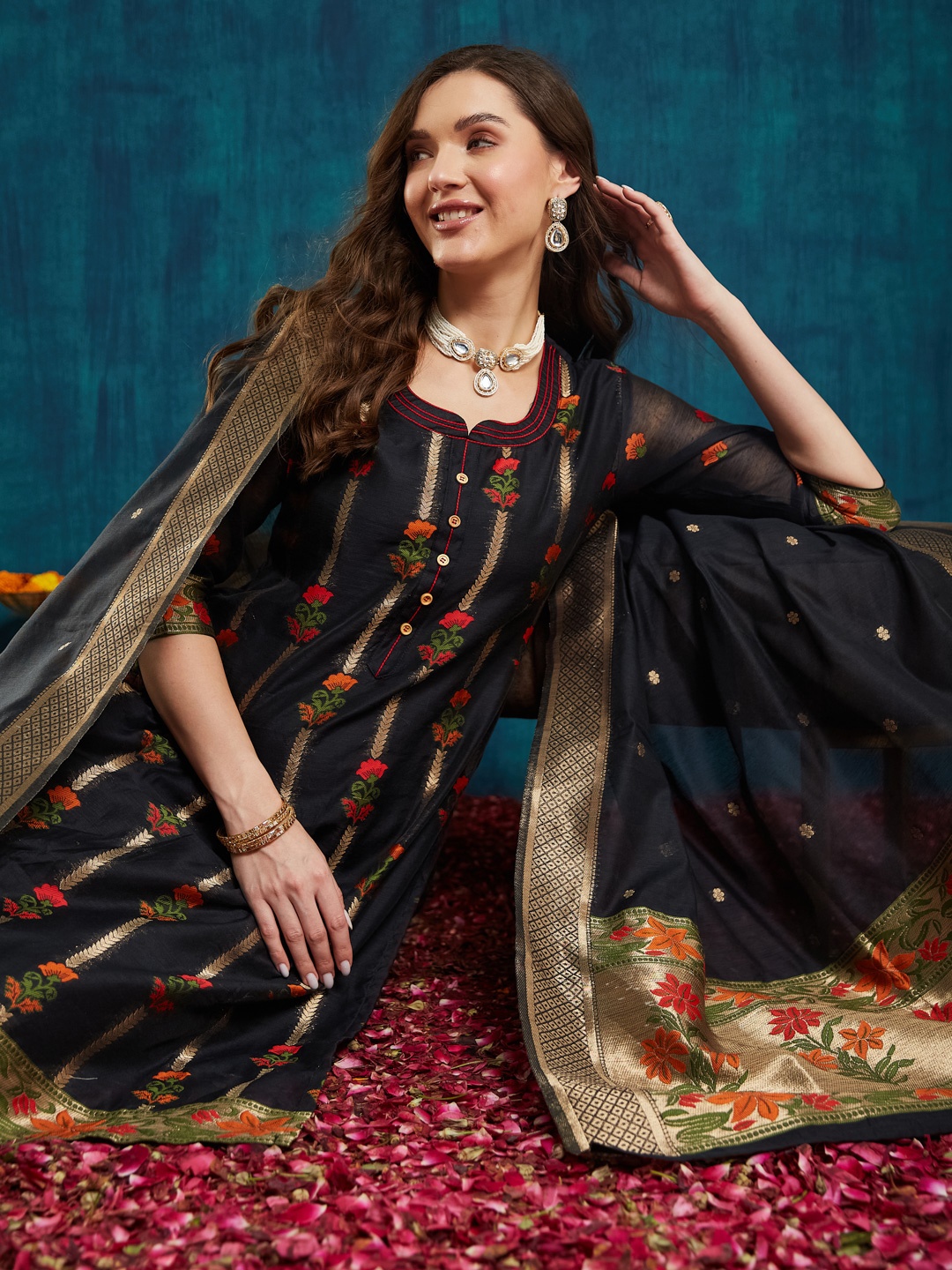 RAJGRANTH Floral Woven Design Regular Chanderi Silk Straight Kurta With Trouser & Dupatta, Black
RAJGRANTH Floral Woven Design Regular Chanderi Silk Straight Kurta With Trouser & Dupatta, Black