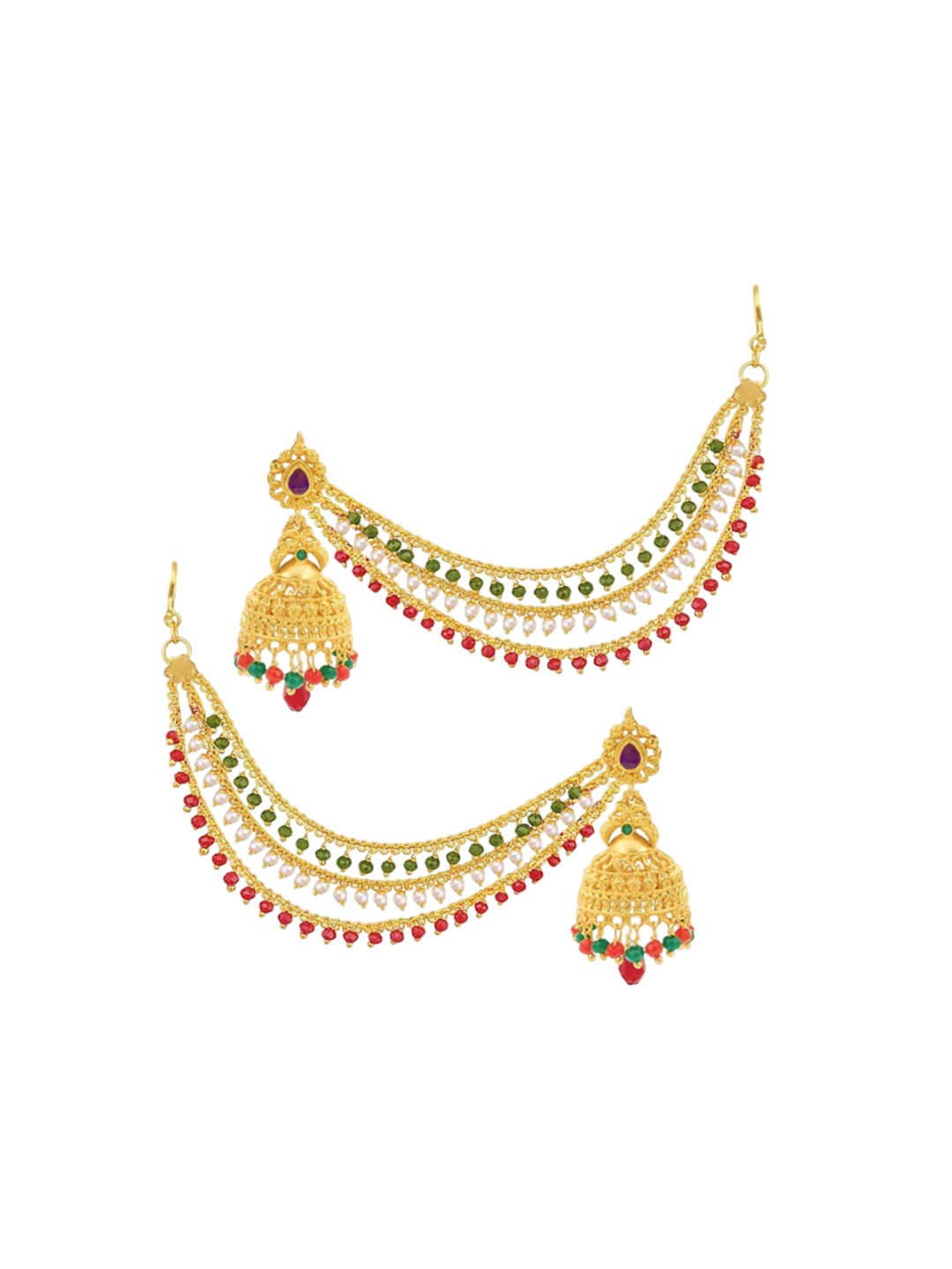 PINAAKA DARINI Gold-Plated Dome Shaped Stone Studded & Pearls Temple Jhumkas & Kaan Chain
PINAAKA DARINI Gold-Plated Dome Shaped Stone Studded & Pearls Temple Jhumkas & Kaan Chain