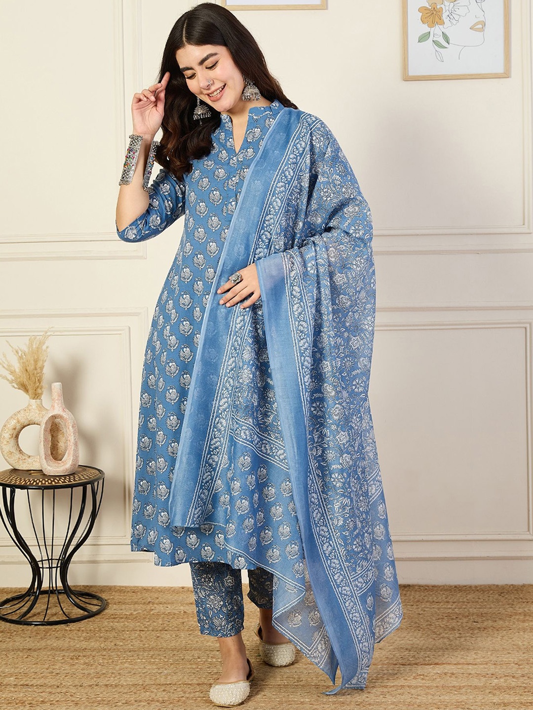 KALINI Mandarin Collar Ethnic Motifs Printed A-Line Kurta with Trouser & Dupatta, Blue
KALINI Mandarin Collar Ethnic Motifs Printed A-Line Kurta with Trouser & Dupatta, Blue