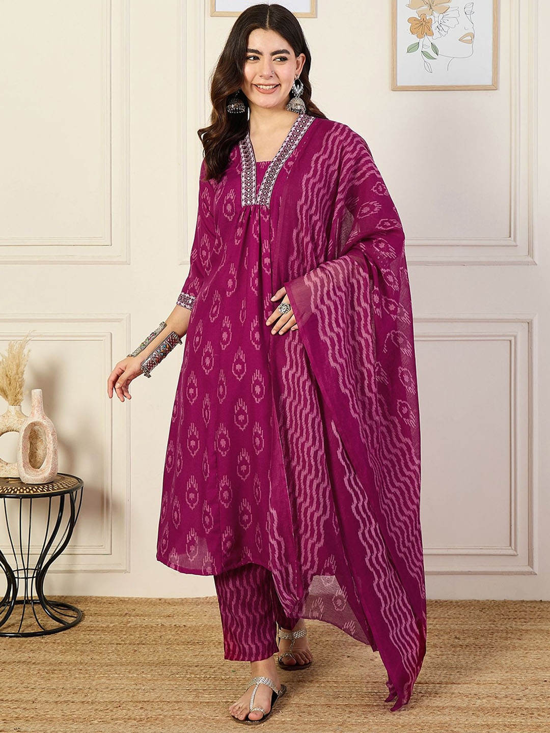 KALINI V-Neck Ethnic Motifs Printed Mirror Work A-Line Kurta with Trousers & Dupatta, Pink
KALINI V-Neck Ethnic Motifs Printed Mirror Work A-Line Kurta with Trousers & Dupatta, Pink