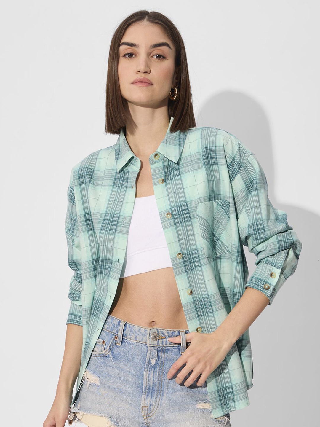 The Souled Store Women Azure Spread Collar Tartan Checked Cotton Relaxed Fit Casual Shirt, Green
The Souled Store Women Azure Spread Collar Tartan Checked Cotton Relaxed Fit Casual Shirt, Green