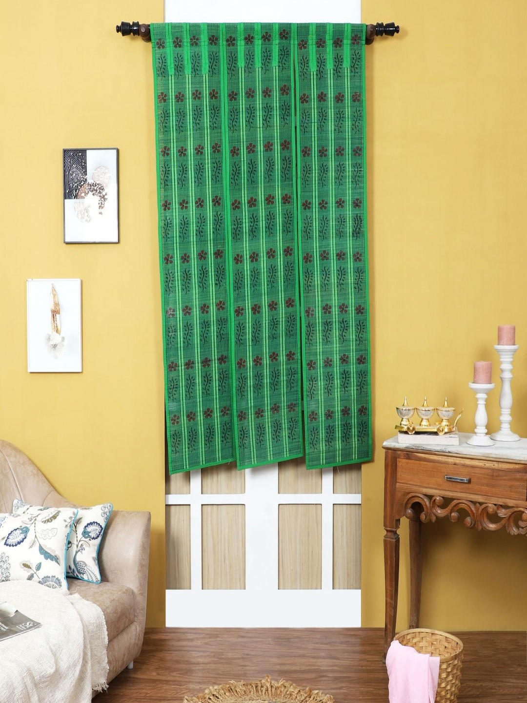 Silpakarman Green & Red Floral Bamboo Sticks and Cotton Threads Window Curtain 
Silpakarman Green & Red Floral Bamboo Sticks and Cotton Threads Window Curtain