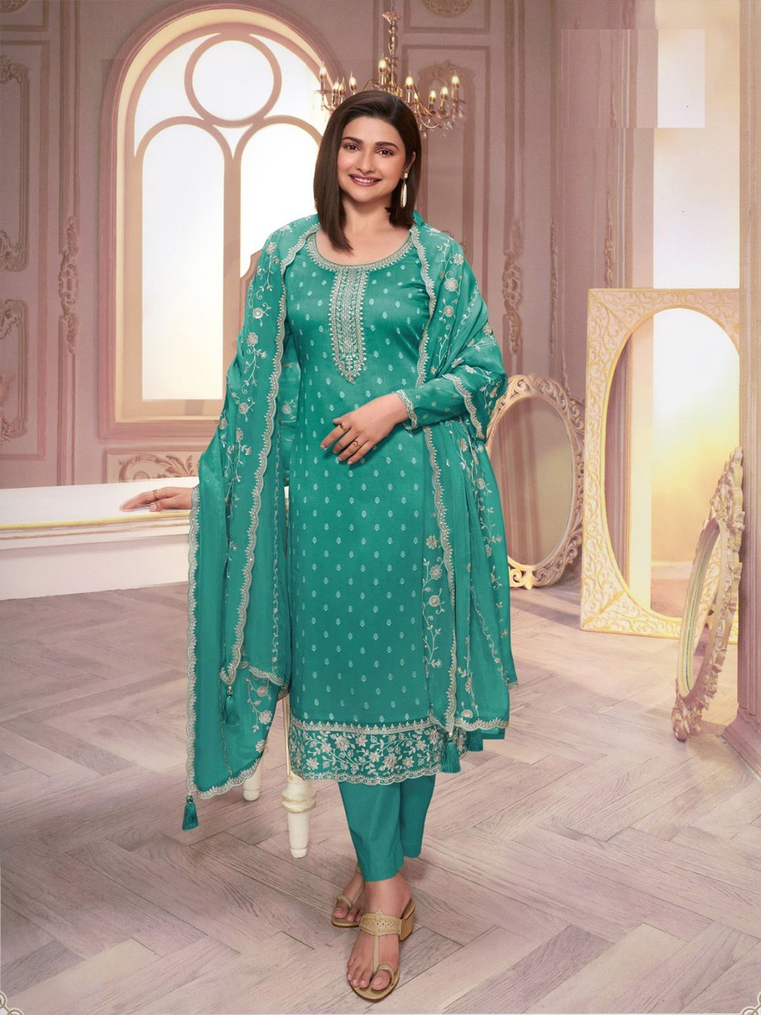 ODETTE Round Neck Floral Printed Sequinned Silk Georgette Kurta with Palazzo & Dupatta, Teal
ODETTE Round Neck Floral Printed Sequinned Silk Georgette Kurta with Palazzo & Dupatta, Teal