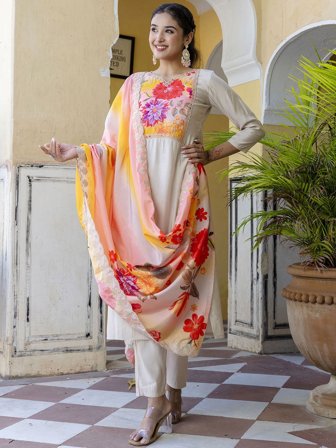 Navlik Notch neck Floral Zari Yoke Design Chanderi Silk Kurta with Trouser & Dupatta, Orange
Navlik Notch neck Floral Zari Yoke Design Chanderi Silk Kurta with Trouser & Dupatta, Orange