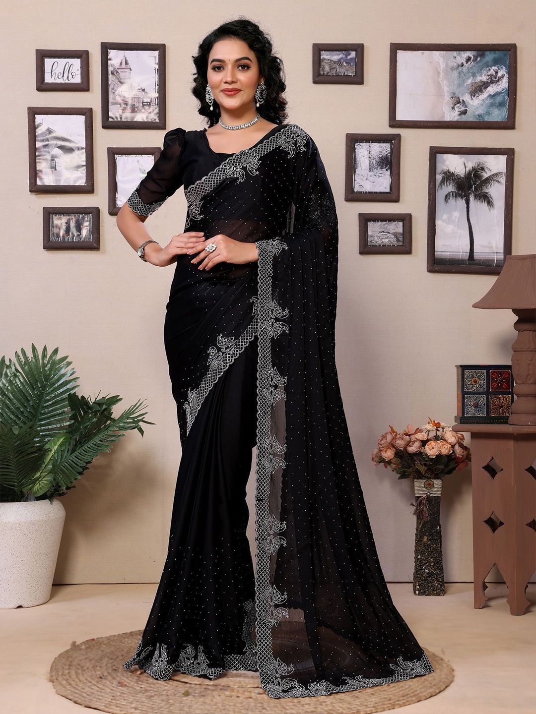 Divyadham Textiles Embellished Beads and Stones Pure Georgette Ready To Wear Saree, Black
Divyadham Textiles Embellished Beads and Stones Pure Georgette Ready To Wear Saree, Black