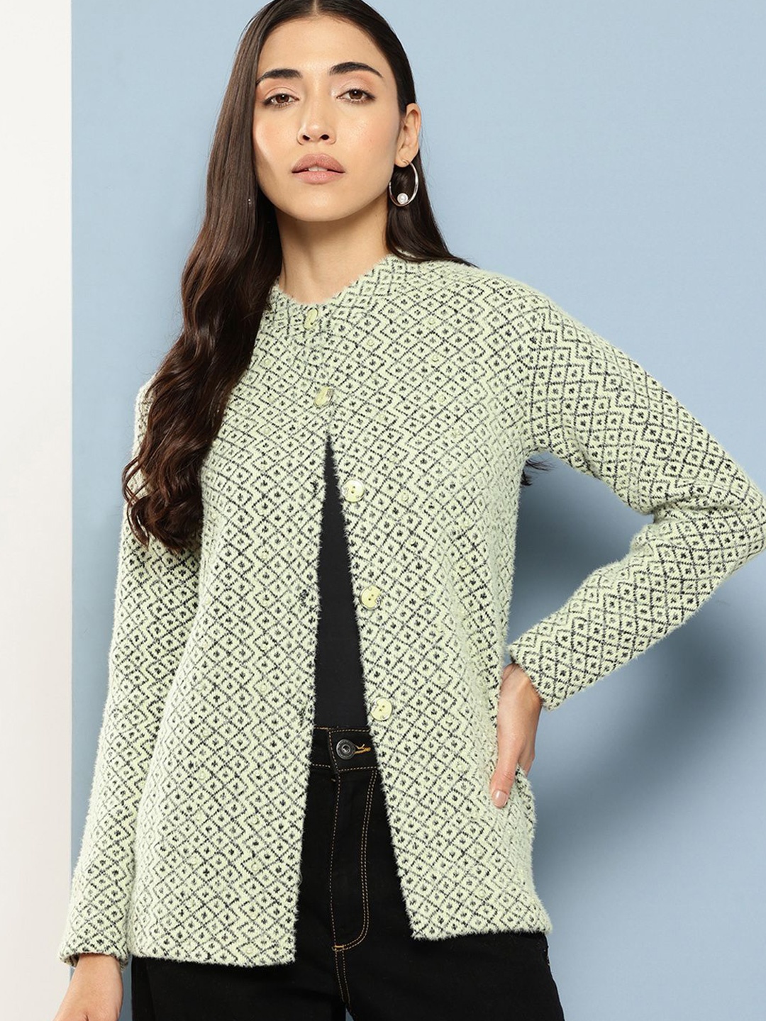 The Roadster Lifestyle Co Women Embellished Geometric Printed Woolen Cardigan Sweater, Green
The Roadster Lifestyle Co Women Embellished Geometric Printed Woolen Cardigan Sweater, Green