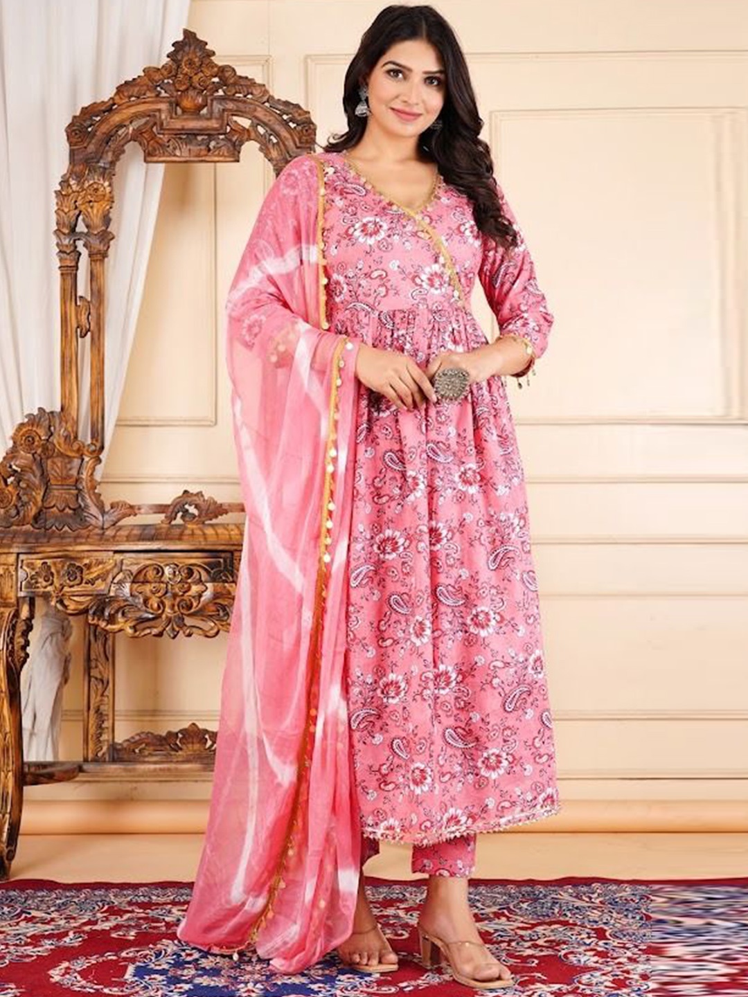 SUBHLAXMI FASHION Floral Printed Gotta Patti Angarkha Cotton Kurta With Trousers & Dupatta, Pink
SUBHLAXMI FASHION Floral Printed Gotta Patti Angarkha Cotton Kurta With Trousers & Dupatta, Pink