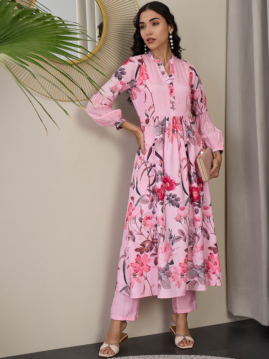 ADORNIA Floral Printed Mandarin Collar Puffed Sleeves Anarkali Kurta With Trousers, Pink
ADORNIA Floral Printed Mandarin Collar Puffed Sleeves Anarkali Kurta With Trousers, Pink