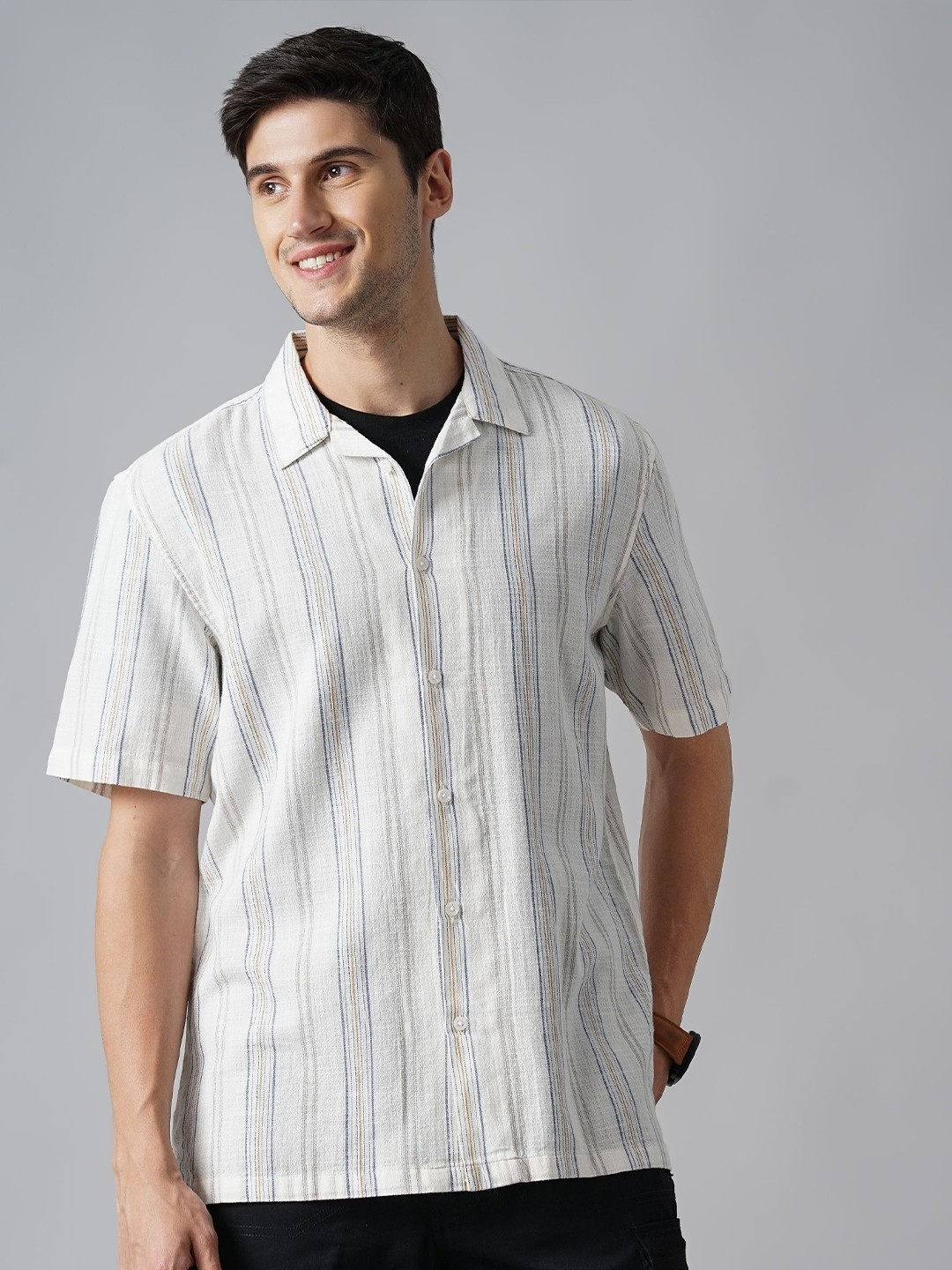 British Club Men Classic Fit Cuban Collar Vertical Striped Cotton Casual Shirt, White
British Club Men Classic Fit Cuban Collar Vertical Striped Cotton Casual Shirt, White