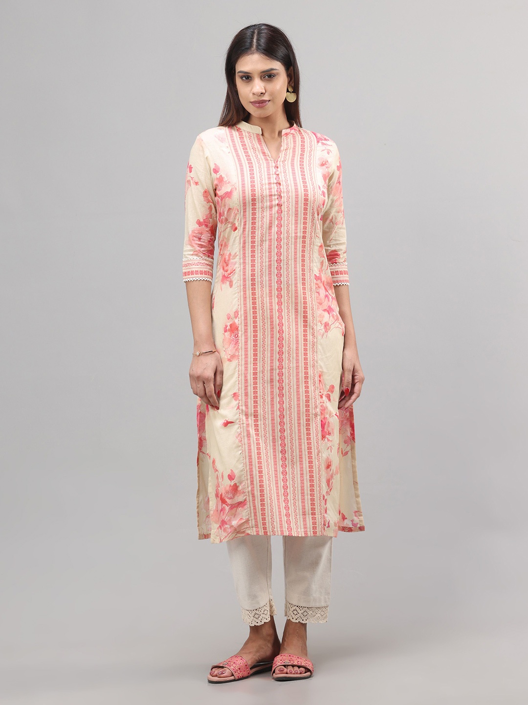 Vismay Floral Printed Mandarin Collar Three-Quarter Sleeves Pure Cotton Straight Kurta, Beige
Vismay Floral Printed Mandarin Collar Three-Quarter Sleeves Pure Cotton Straight Kurta, Beige