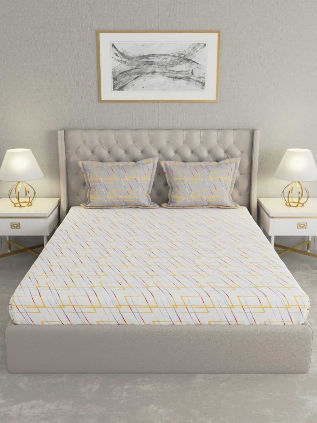 Raymond Home White & Yellow Geometric 110 TC Cotton Queen Bedsheet Set 2.24 m X 2.54 m
Raymond Home White & Yellow Geometric 110 TC Cotton Queen Bedsheet Set 2.24 m X 2.54 m