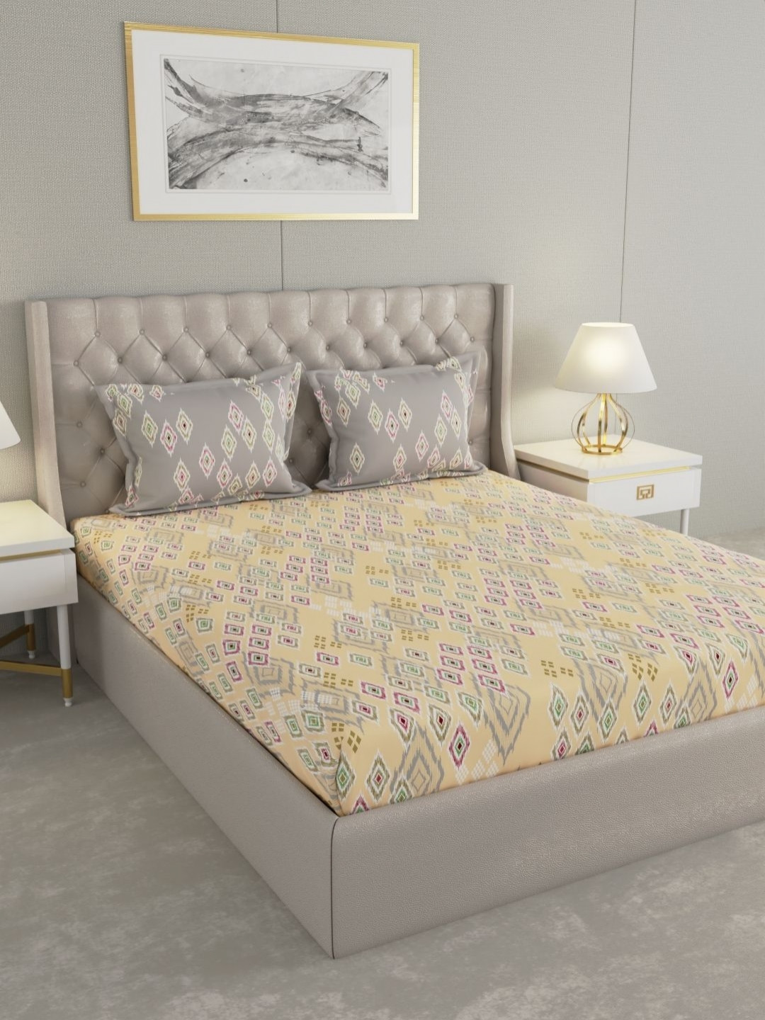Raymond Home Yellow & Pink Geometric 120 TC Cotton Queen Bedsheet Set 2.24 m X 2.54 m
Raymond Home Yellow & Pink Geometric 120 TC Cotton Queen Bedsheet Set 2.24 m X 2.54 m