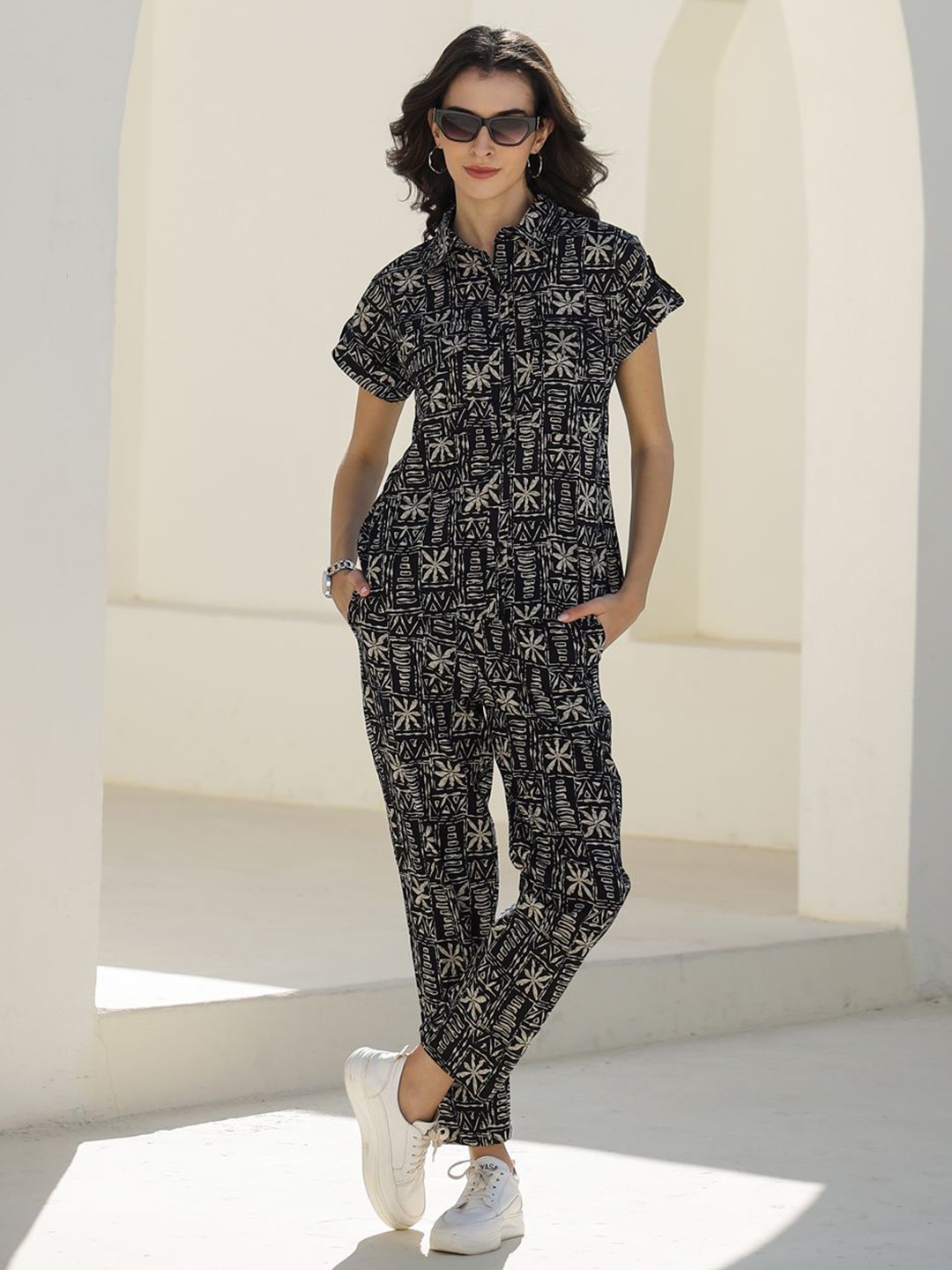 SANSKRUTIHOMES Women Printed Pure Cotton Short Sleeve Shirt & Trouser Co-Ords, Black
SANSKRUTIHOMES Women Printed Pure Cotton Short Sleeve Shirt & Trouser Co-Ords, Black