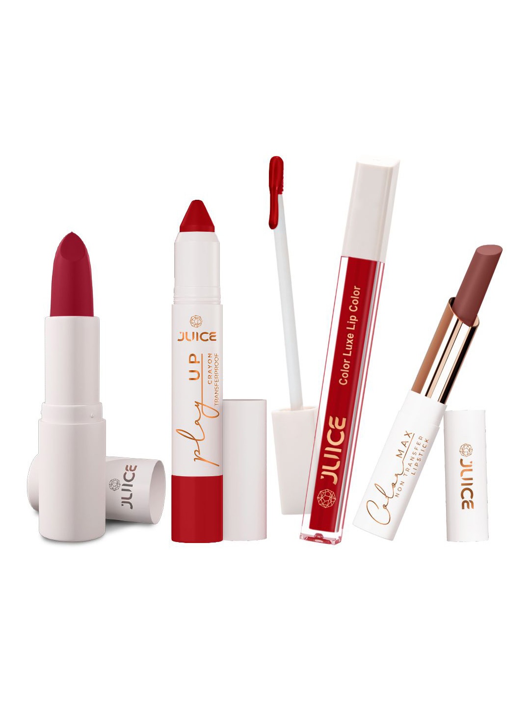 JUICE Set Of 4 Play Up Color Luxe Color Max Long Lasting Lipstick-11.8g-M02-MCR11-M07- M23, Red
JUICE Set Of 4 Play Up Color Luxe Color Max Long Lasting Lipstick-11.8g-M02-MCR11-M07- M23, Red