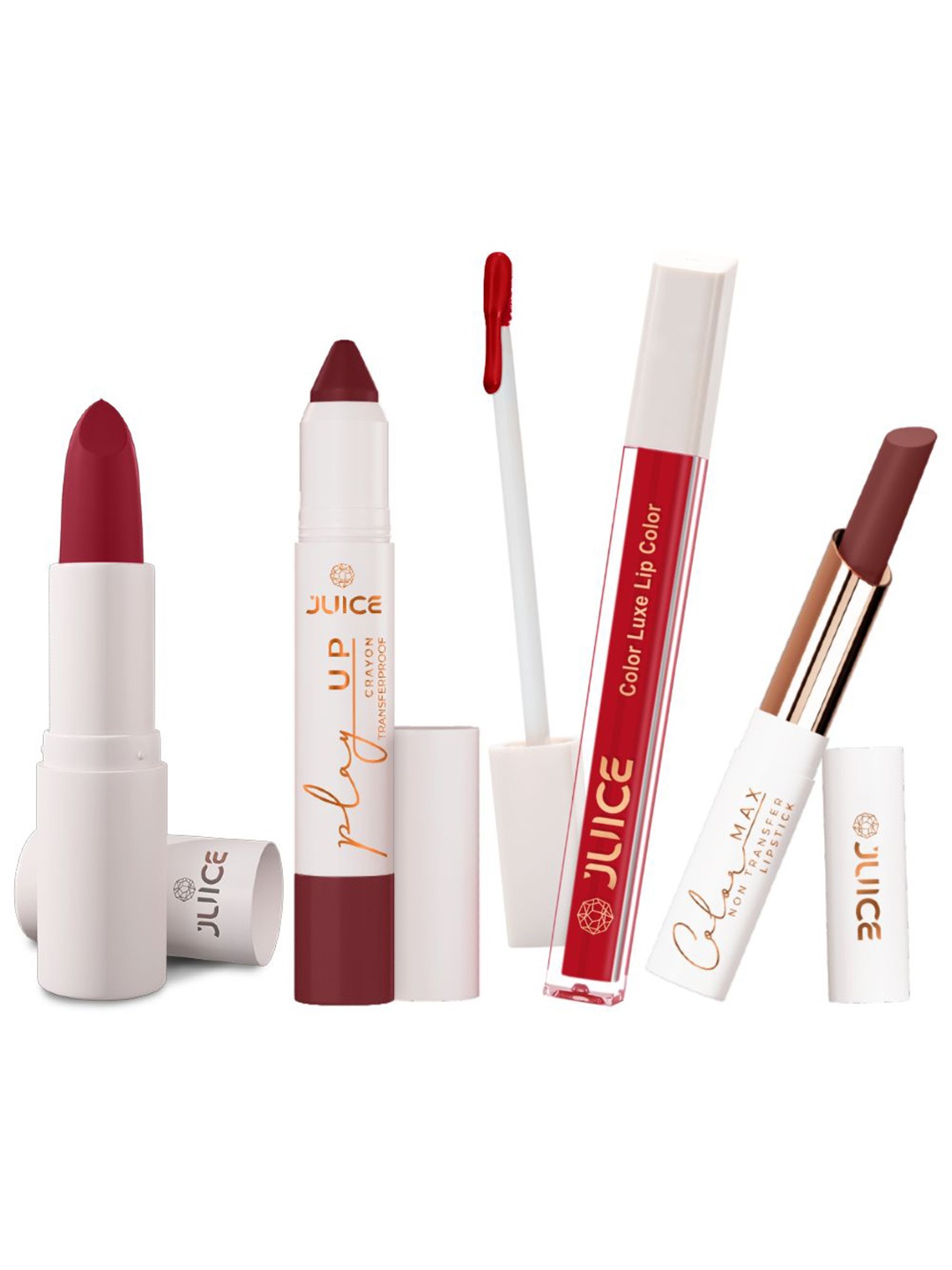 JUICE Set Of 4 Play Up Color Luxe Color Max Lipstick- 11.8 g - M01- MCR12 -M06- M24, Red
JUICE Set Of 4 Play Up Color Luxe Color Max Lipstick- 11.8 g - M01- MCR12 -M06- M24, Red