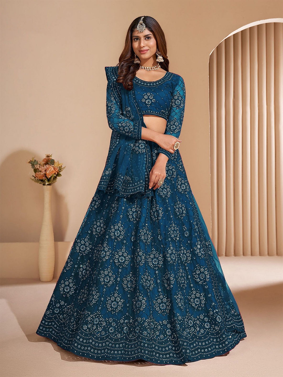 Aika Embroidered Beads and Stones Semi-Stitched Lehenga & Unstitched Blouse With Dupatta, Teal
Aika Embroidered Beads and Stones Semi-Stitched Lehenga & Unstitched Blouse With Dupatta, Teal