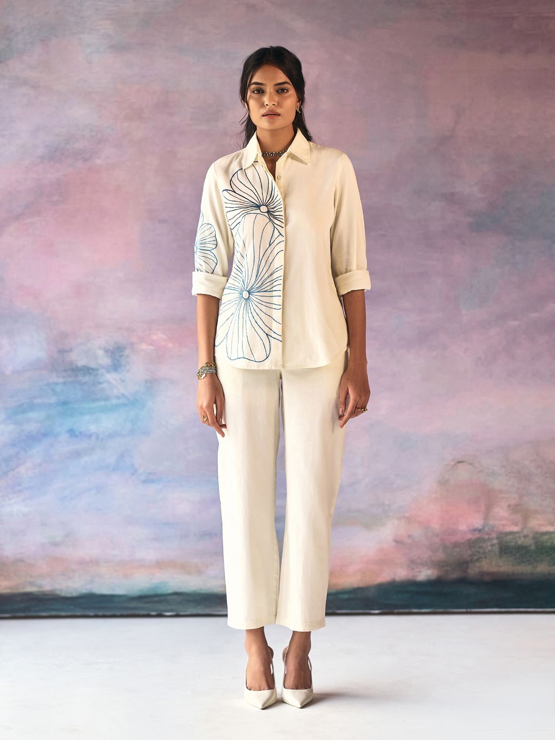 Prakriti Jaipur Magnolia Embroidery Shirt Collar Neck Shirt With Trousers Co-Ords, Off white
Prakriti Jaipur Magnolia Embroidery Shirt Collar Neck Shirt With Trousers Co-Ords, Off white
