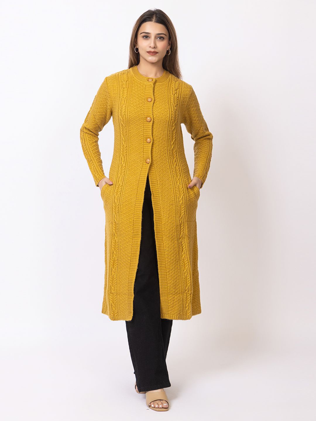 Winter Wonders Self Design Mandarin Collar Longline Button Acrylic Casual Shrug, Yellow
Winter Wonders Self Design Mandarin Collar Longline Button Acrylic Casual Shrug, Yellow