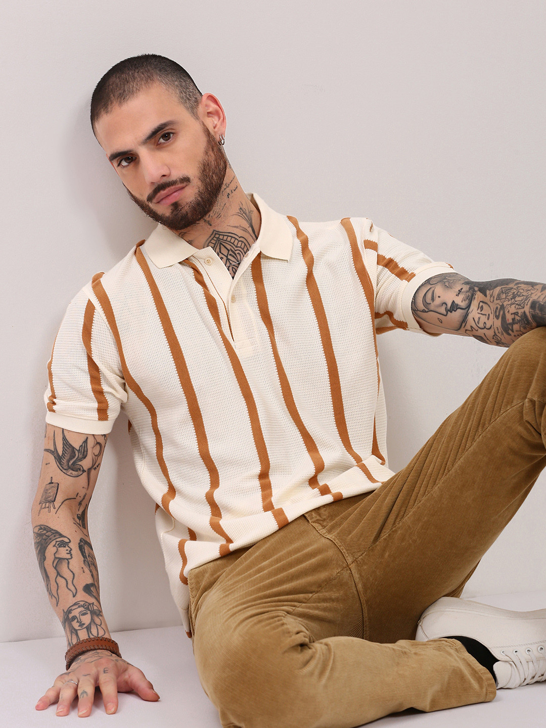 SHOWOFF Men Striped Polo Collar Cotton T-shirt, White 
SHOWOFF Men Striped Polo Collar Cotton T-shirt, White
