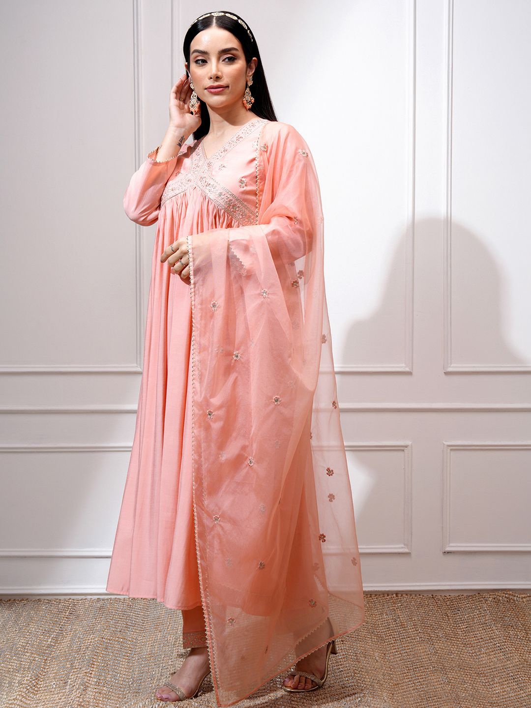 Vishudh Floral Yoke Design & Embroidered Sequinned Empire Kurta with Trousers & Dupatta, Peach
Vishudh Floral Yoke Design & Embroidered Sequinned Empire Kurta with Trousers & Dupatta, Peach
