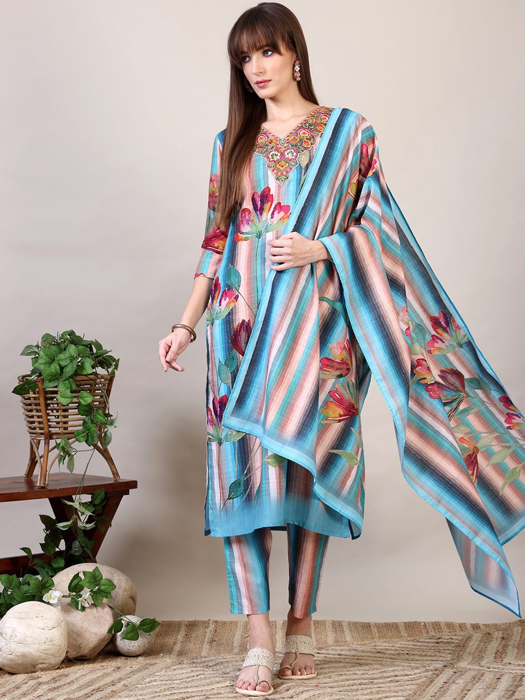 KALINI Floral Embroidered Thread Work Pure Cotton Kurta with Trousers & Dupatta, Blue
KALINI Floral Embroidered Thread Work Pure Cotton Kurta with Trousers & Dupatta, Blue