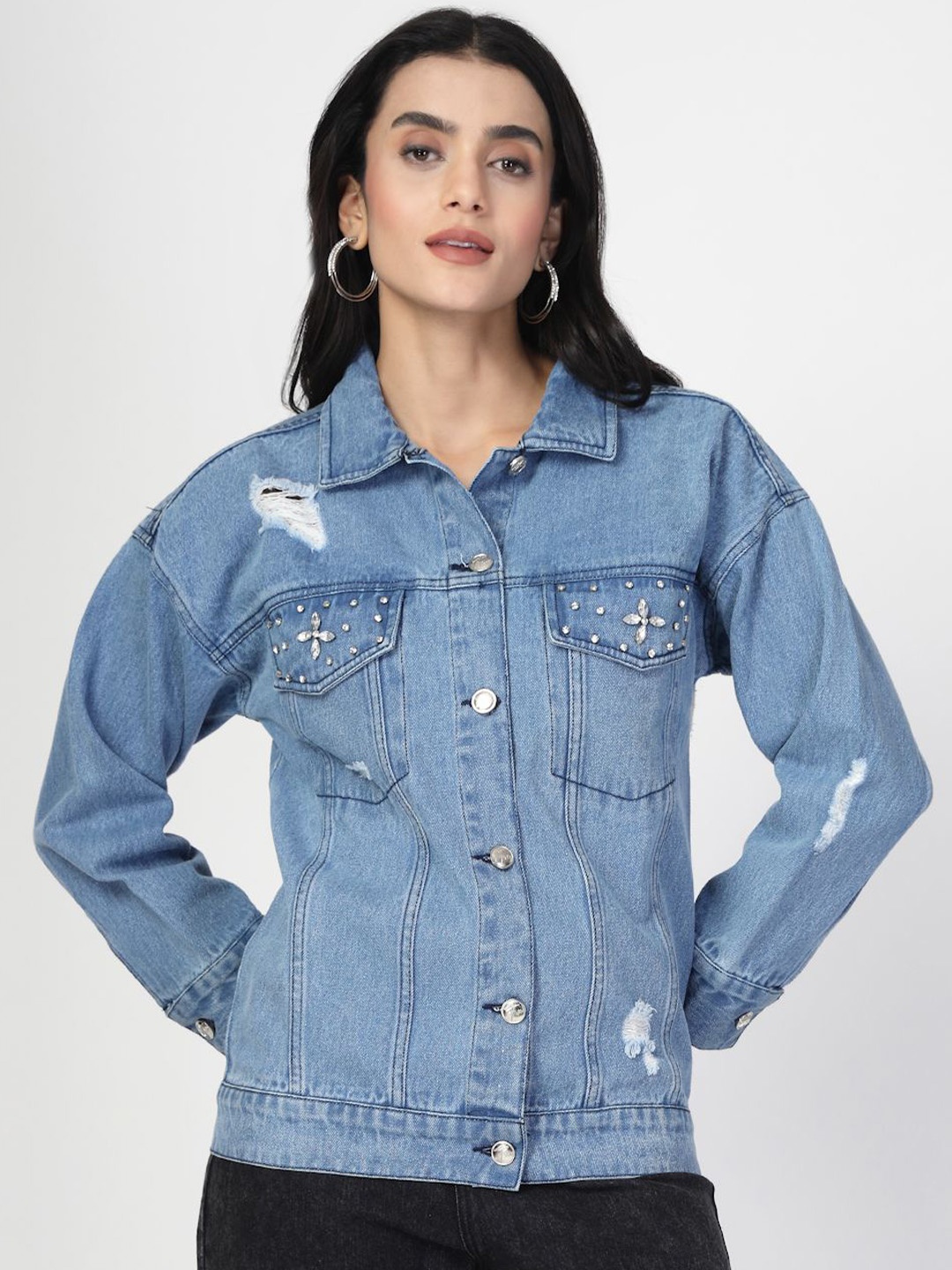 COSMIC TRIO Women Spread Collar Self Design Lightweight Cotton Casual Denim Jacket, Blue
COSMIC TRIO Women Spread Collar Self Design Lightweight Cotton Casual Denim Jacket, Blue