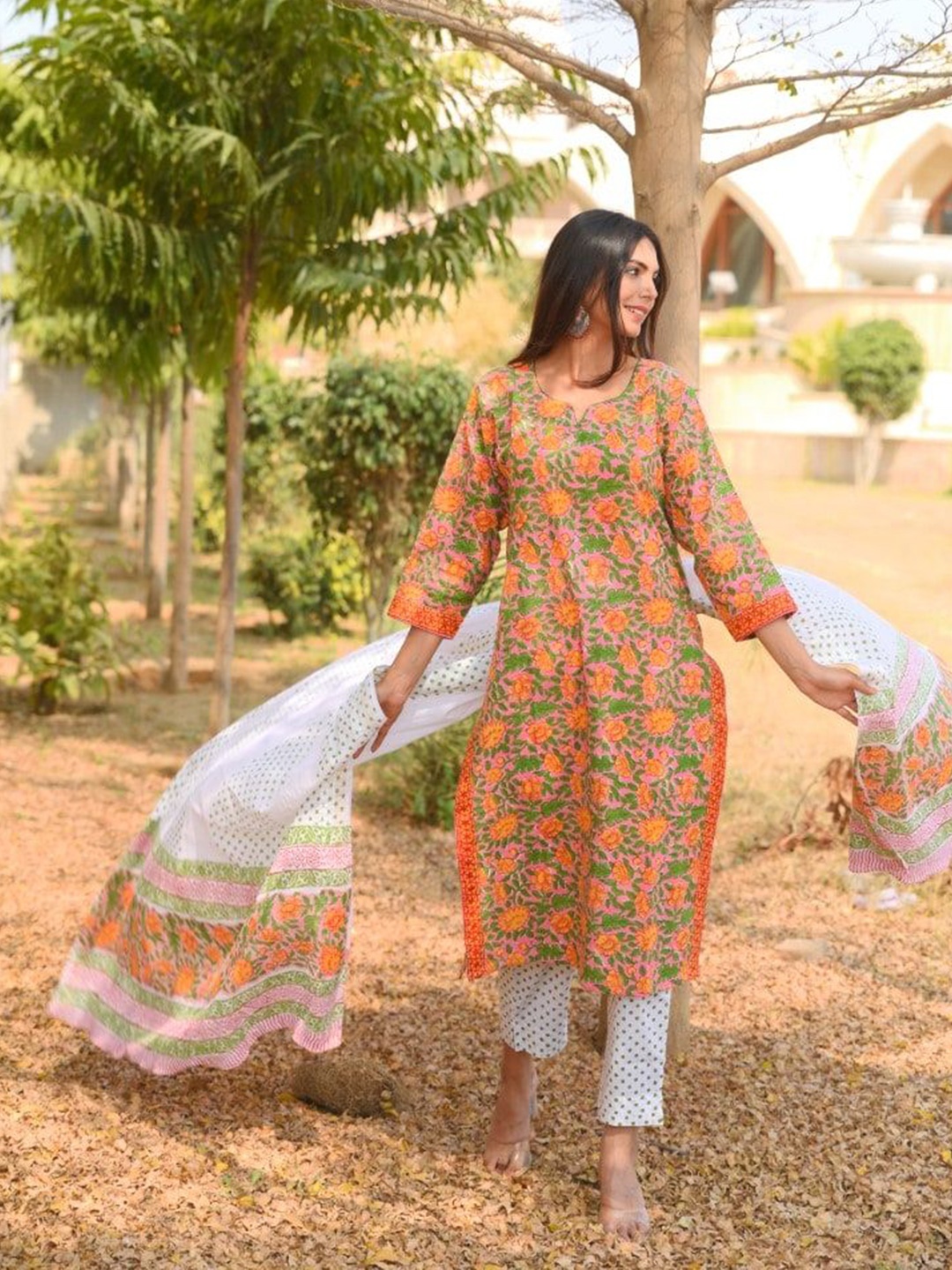 DIMPLE DESIGN STUDIO Floral Printed Pure Cotton Straight Kurta With Trousers & Dupatta, Pink
DIMPLE DESIGN STUDIO Floral Printed Pure Cotton Straight Kurta With Trousers & Dupatta, Pink