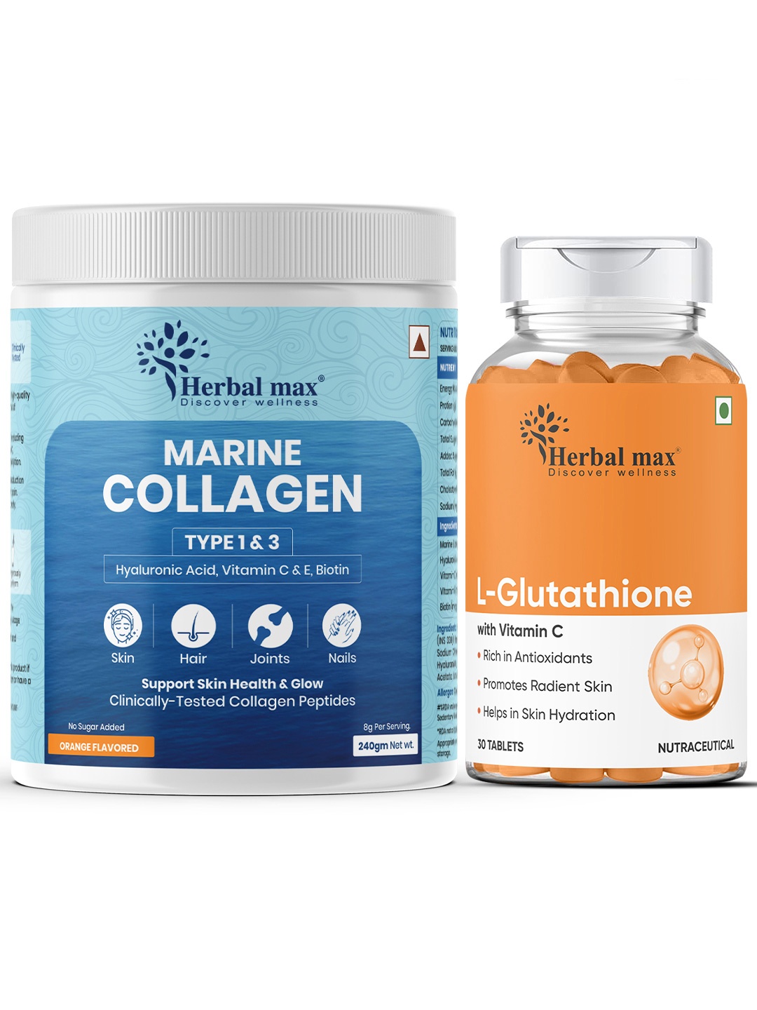 Herbal max Set of Marine Collagen Powder - 240 g & L-Glutathione Tablets - 30 Tablets, Blue
Herbal max Set of Marine Collagen Powder - 240 g & L-Glutathione Tablets - 30 Tablets, Blue