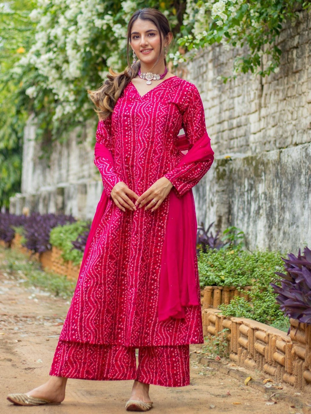 DIMPLE DESIGN STUDIO Bandhani Printed Pure Cotton A-Line Kurta With Palazzos & Dupatta, Pink
DIMPLE DESIGN STUDIO Bandhani Printed Pure Cotton A-Line Kurta With Palazzos & Dupatta, Pink