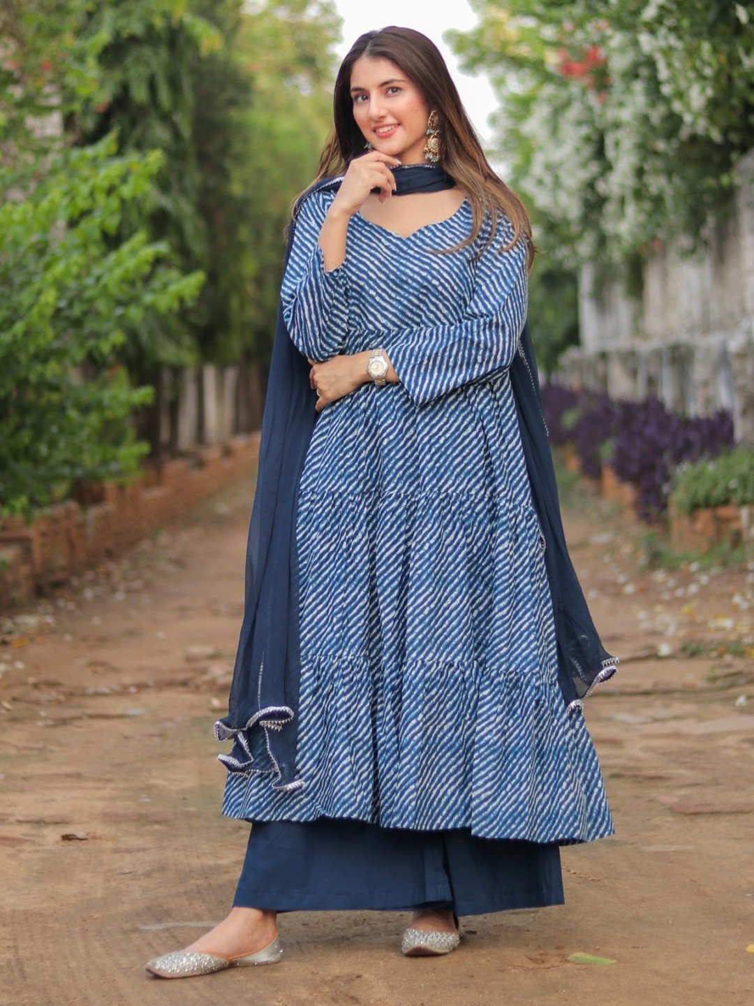 DIMPLE DESIGN STUDIO Striped Printed Pure Cotton Anarkali Kurta with Palazzos & Dupatta, Blue
DIMPLE DESIGN STUDIO Striped Printed Pure Cotton Anarkali Kurta with Palazzos & Dupatta, Blue