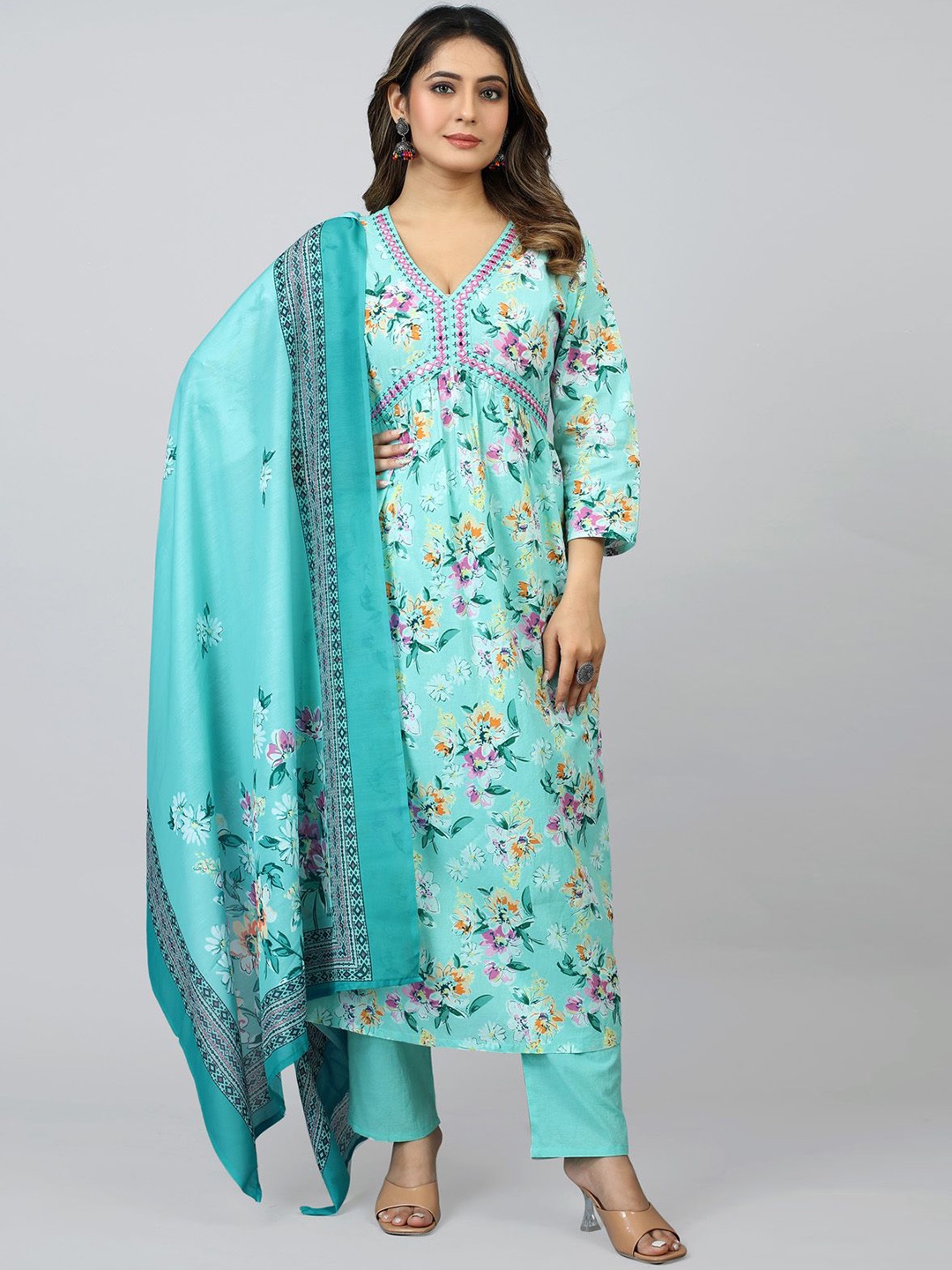 SARRAS Floral Printed Empire Mirror Work Pure A-Line Cotton Kurta With Trousers & Dupatta, Blue
SARRAS Floral Printed Empire Mirror Work Pure A-Line Cotton Kurta With Trousers & Dupatta, Blue
