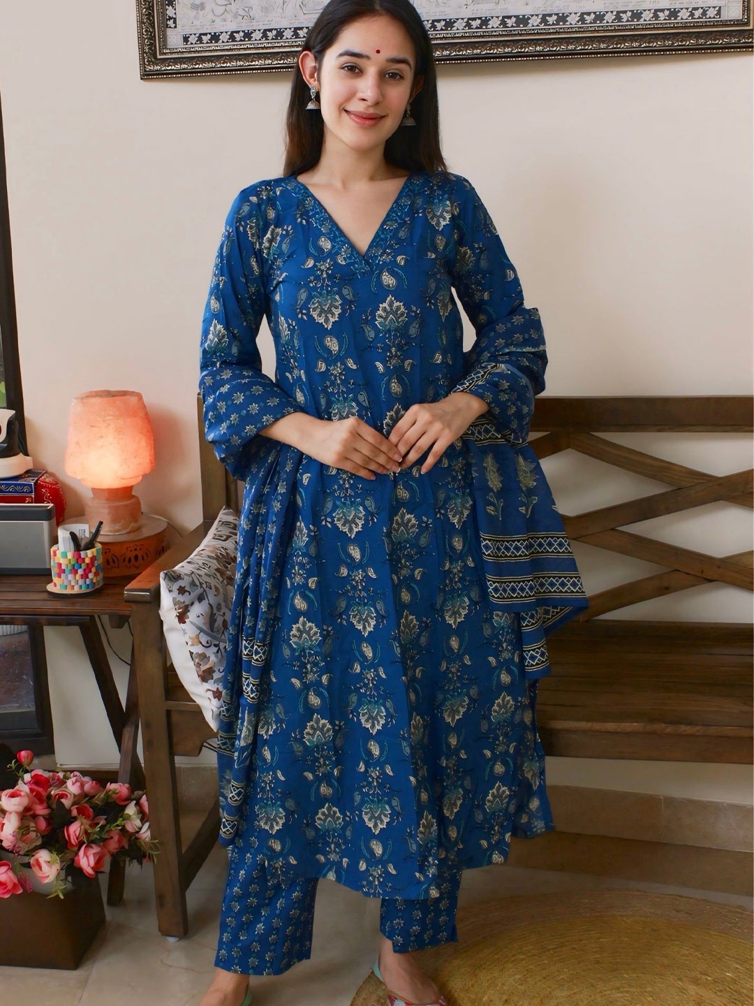 DIMPLE DESIGN STUDIO Ethnic Motifs Printed Cotton Anarkali Kurta with Pyjamas & Dupatta, Blue
DIMPLE DESIGN STUDIO Ethnic Motifs Printed Cotton Anarkali Kurta with Pyjamas & Dupatta, Blue