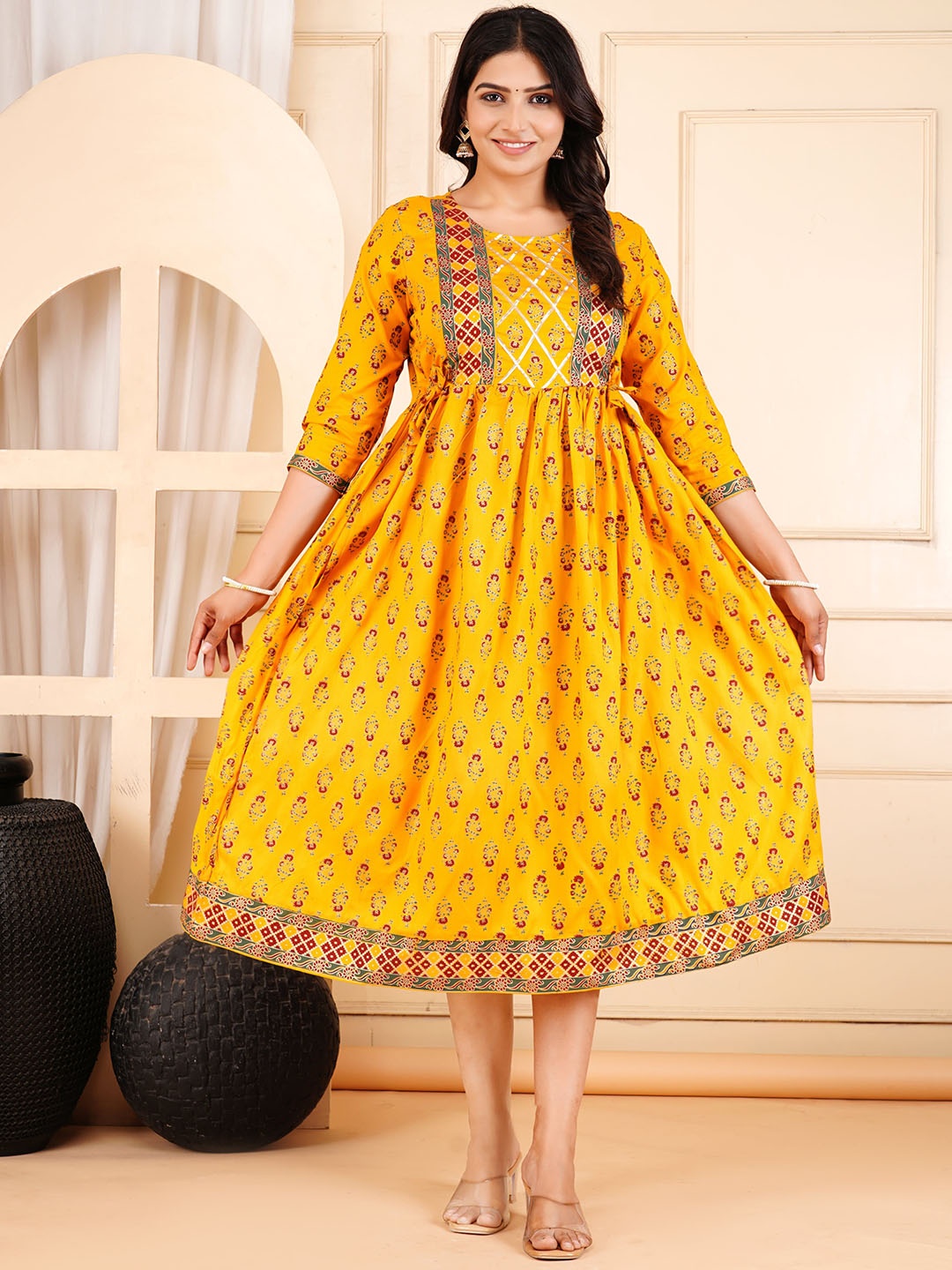 JALTHER Round Neck Floral Printed Gotta Patti Fit and Flare Maternity Ethnic Dress, Yellow
JALTHER Round Neck Floral Printed Gotta Patti Fit and Flare Maternity Ethnic Dress, Yellow
