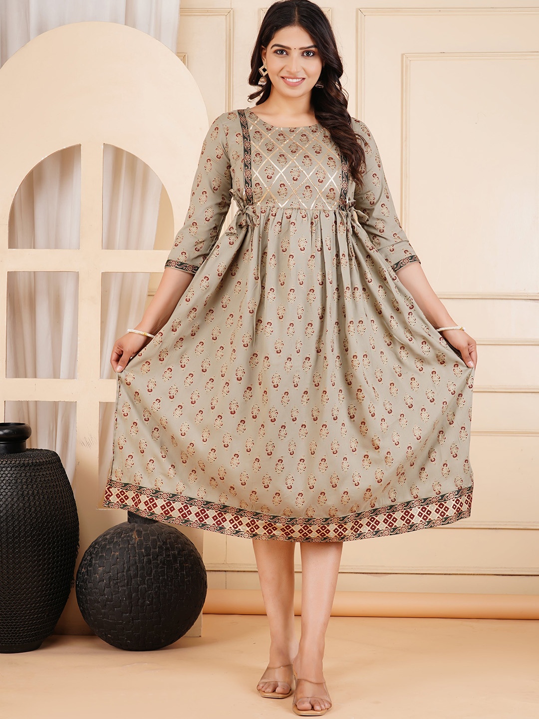 JALTHER Round Neck Floral Printed Gotta Patti Fit and Flare Maternity Ethnic Dress, Grey
JALTHER Round Neck Floral Printed Gotta Patti Fit and Flare Maternity Ethnic Dress, Grey