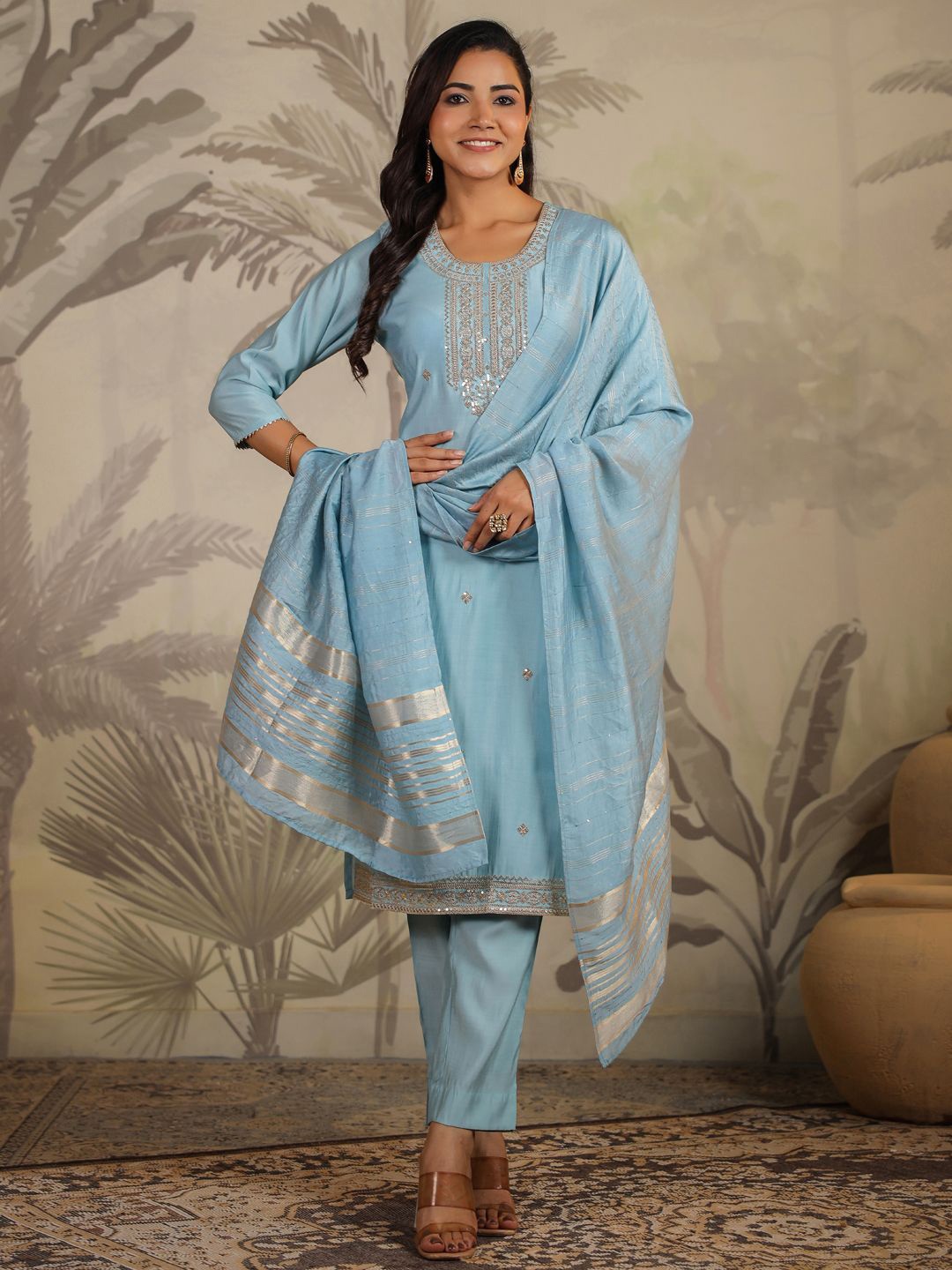 Janasya Ethnic Motifs Embroidered Sequinned Chanderi Silk Kurta with Trousers & Dupatta, Blue
Janasya Ethnic Motifs Embroidered Sequinned Chanderi Silk Kurta with Trousers & Dupatta, Blue