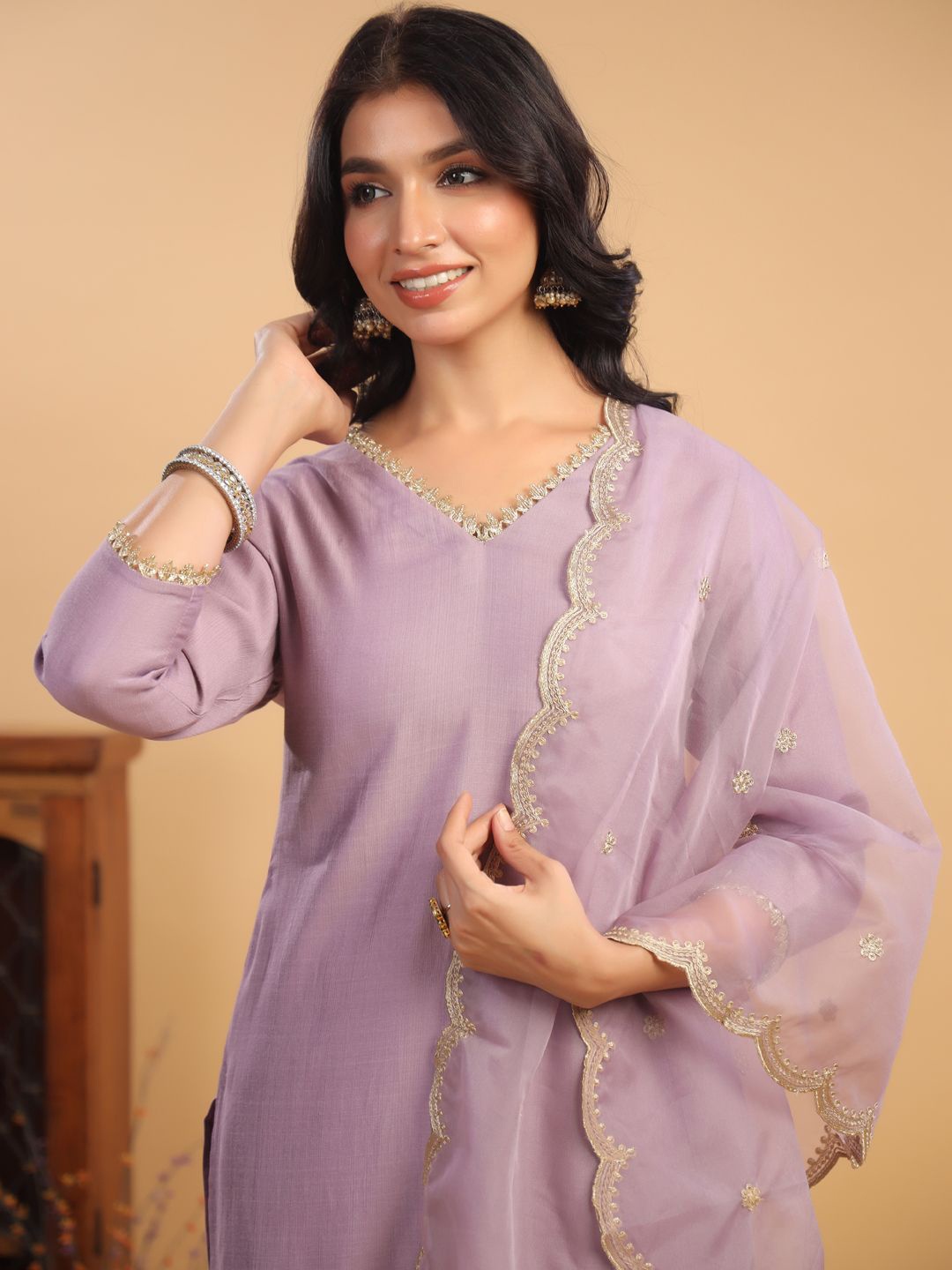 Janasya Women Regular Gotta Patti Chanderi Silk Kurta with Trousers & Dupatta, Lavender
Janasya Women Regular Gotta Patti Chanderi Silk Kurta with Trousers & Dupatta, Lavender