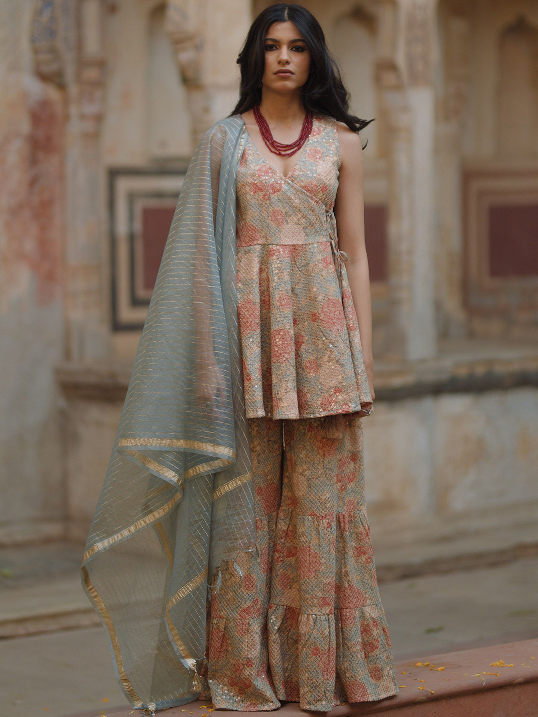 BAARO MASI Floral Woven Design Sequinned Angrakha Anarkali Kurti With Sharara & Dupatta, Blue
BAARO MASI Floral Woven Design Sequinned Angrakha Anarkali Kurti With Sharara & Dupatta, Blue