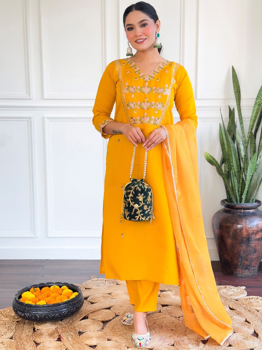 KALINI V-Neck Floral Embroidered Thread Work Chanderi Silk Kurta with Trouser & Dupatta, Mustard
KALINI V-Neck Floral Embroidered Thread Work Chanderi Silk Kurta with Trouser & Dupatta, Mustard