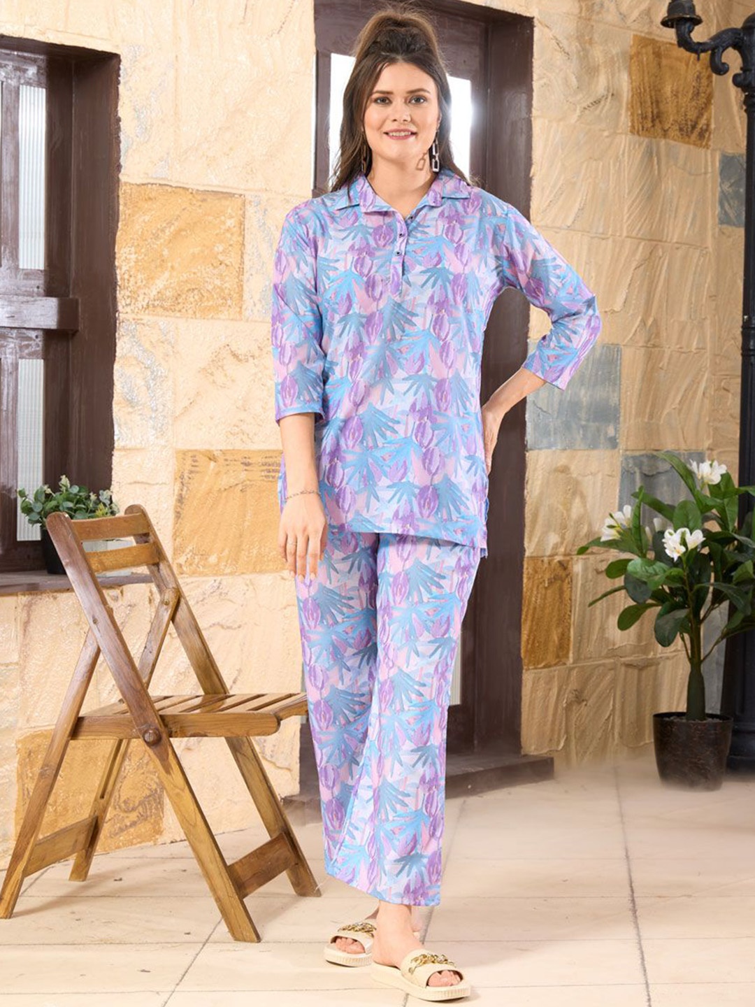 NIGHT FLOSS Printed Shirt Collar Three-Quarter Sleeves Pure Cotton Top With Palazzo, Blue
NIGHT FLOSS Printed Shirt Collar Three-Quarter Sleeves Pure Cotton Top With Palazzo, Blue