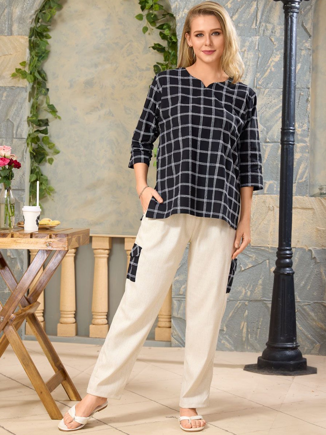 NIGHT FLOSS Checked Round Neck Three-Quarter Sleeves Pure Cotton Top With Trouser, Black
NIGHT FLOSS Checked Round Neck Three-Quarter Sleeves Pure Cotton Top With Trouser, Black