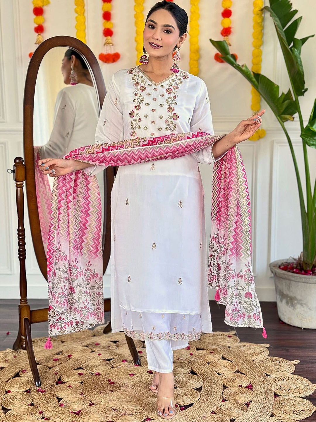 KALINI Ethnic Motifs Embroidered Thread Work Chanderi Silk Kurta with Trousers & Dupatta, Off white
KALINI Ethnic Motifs Embroidered Thread Work Chanderi Silk Kurta with Trousers & Dupatta, Off white