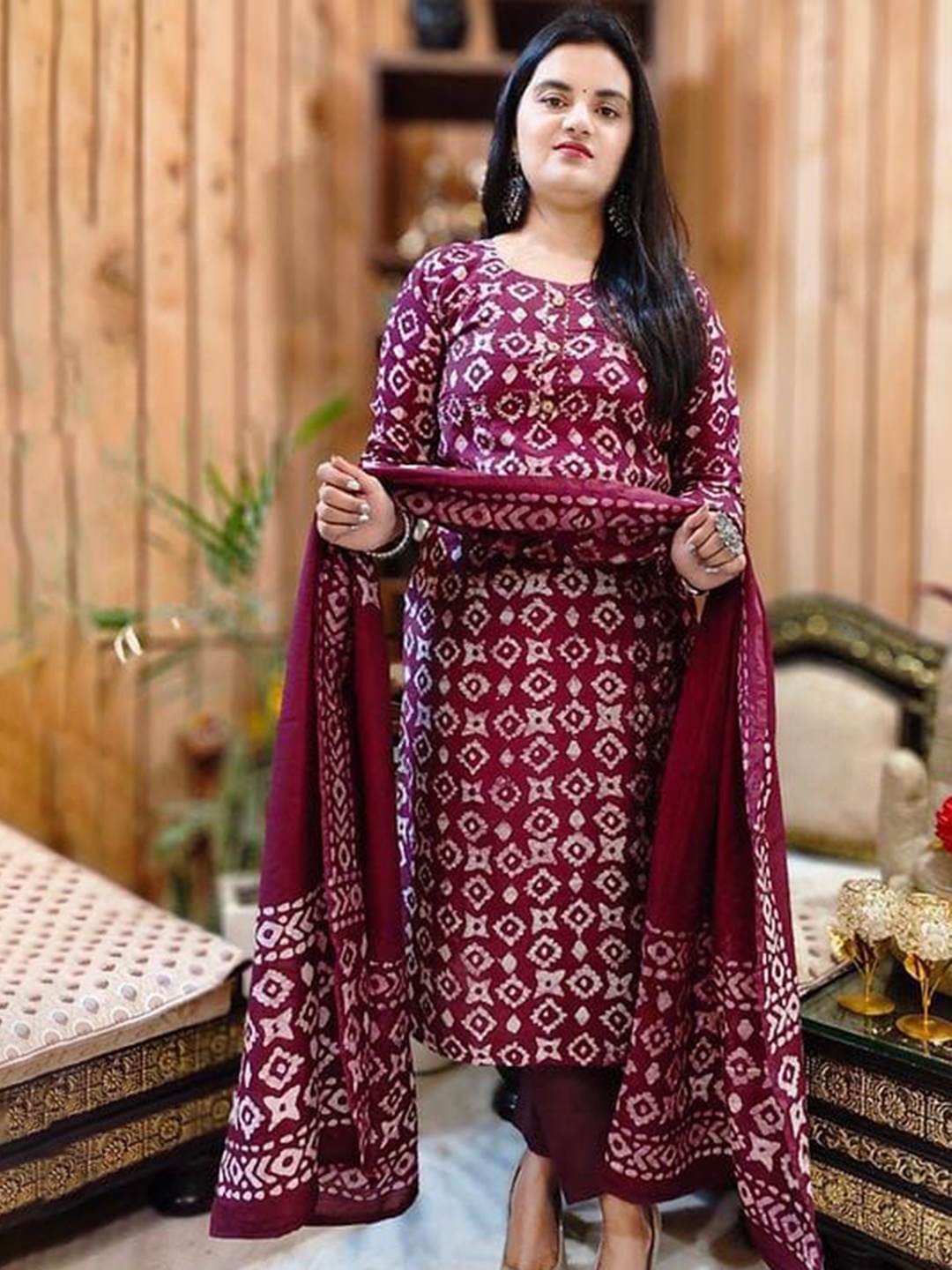 KALINI Geometric Printed Pure Cotton Straight Kurta with Harem Pants & Dupatta, Maroon
KALINI Geometric Printed Pure Cotton Straight Kurta with Harem Pants & Dupatta, Maroon
