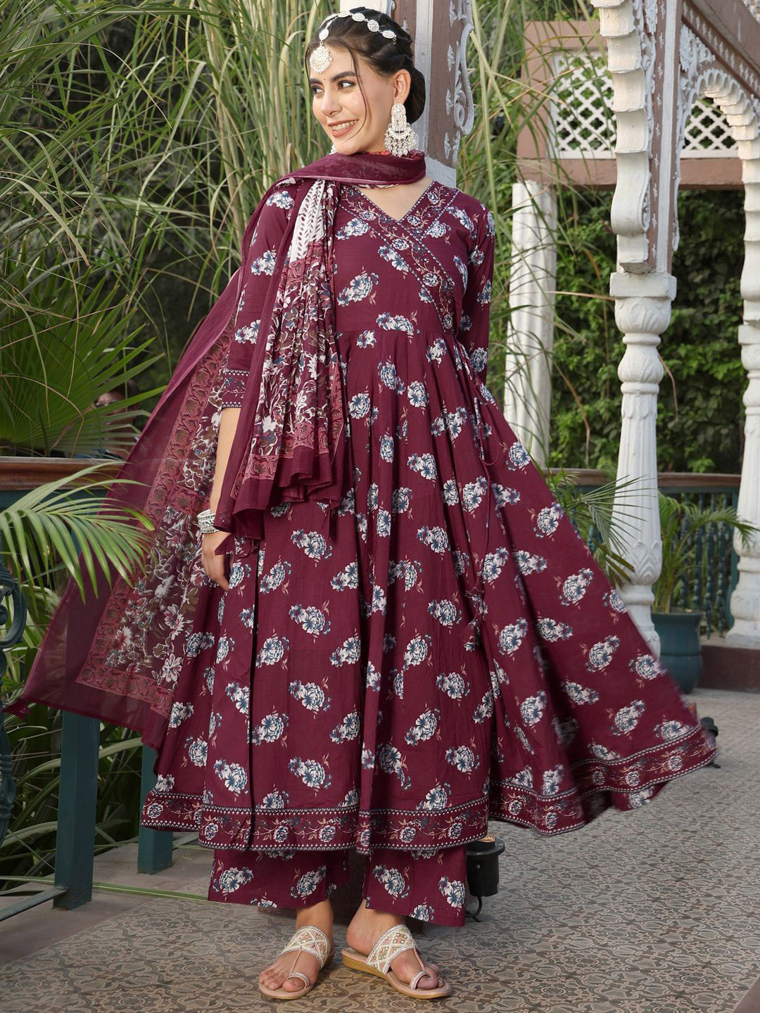 KIMAYRA Floral Printed Sequinned Pure Cotton Anarkali Kurta With Palazzos & Dupatta, Purple
KIMAYRA Floral Printed Sequinned Pure Cotton Anarkali Kurta With Palazzos & Dupatta, Purple