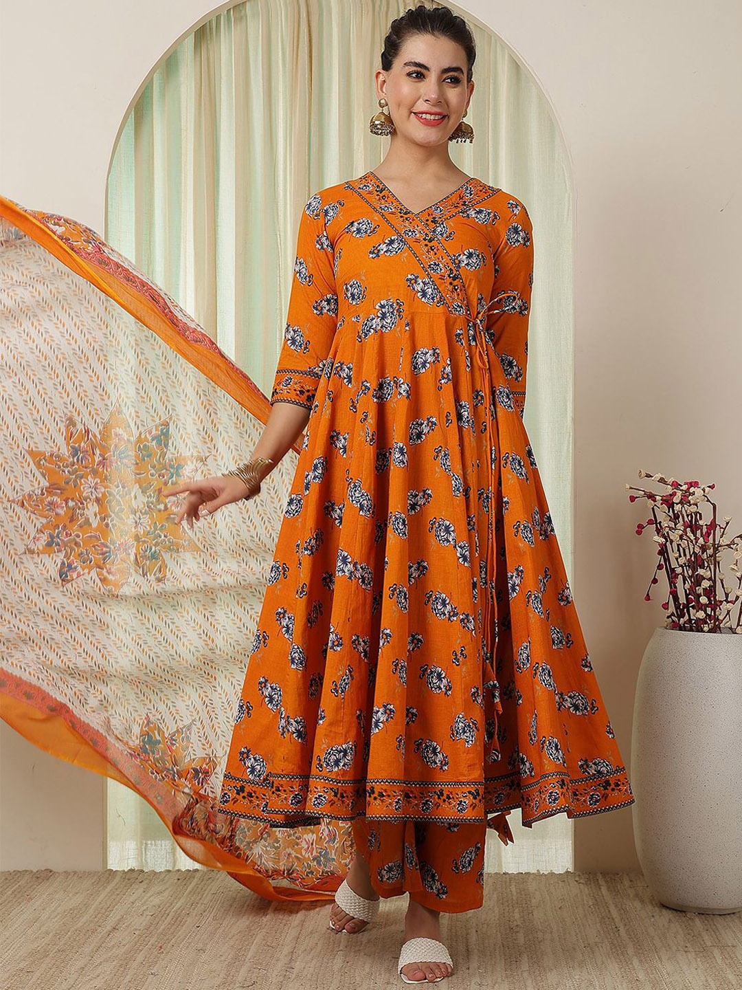 KIMAYRA Floral Printed Sequinned Pure Cotton Anarkali Kurta With Palazzos & Dupatta, Orange
KIMAYRA Floral Printed Sequinned Pure Cotton Anarkali Kurta With Palazzos & Dupatta, Orange