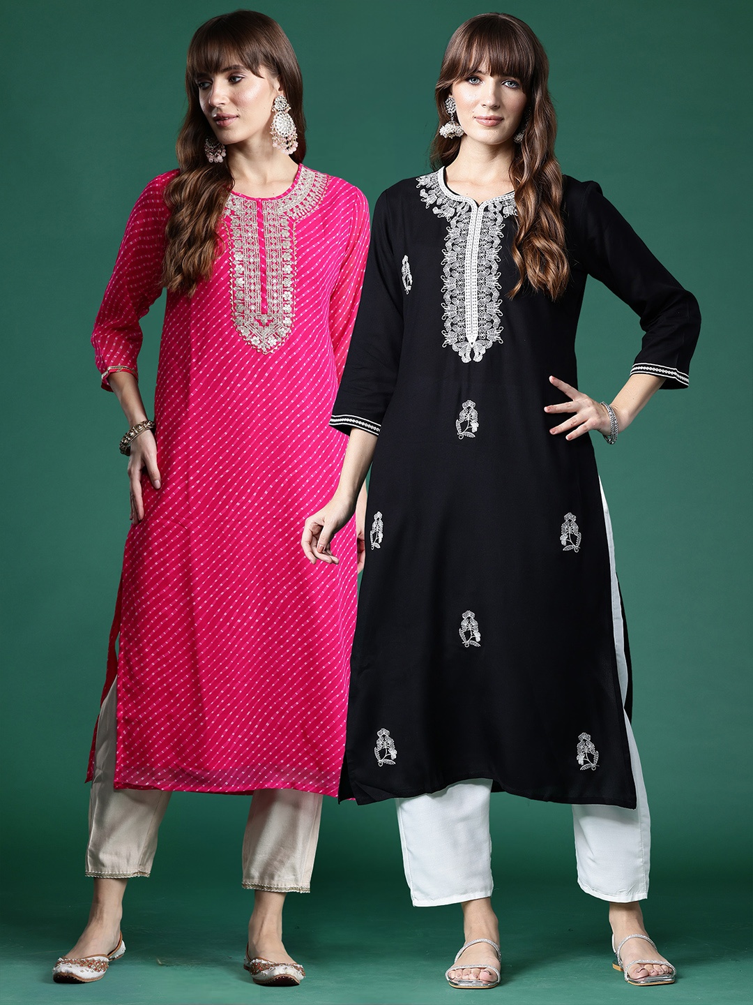 Indo Era Pack of 2 Leheriya Printed Zari & Sequin Embroidered Gota Detailed Straight Kurta, Pink
Indo Era Pack of 2 Leheriya Printed Zari & Sequin Embroidered Gota Detailed Straight Kurta, Pink