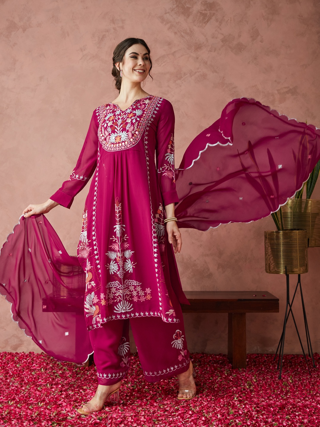 KAVINDI Floral Embroidered Mirror Work Pure Georgette Kurta with Palazzos & Dupatta, Pink
KAVINDI Floral Embroidered Mirror Work Pure Georgette Kurta with Palazzos & Dupatta, Pink