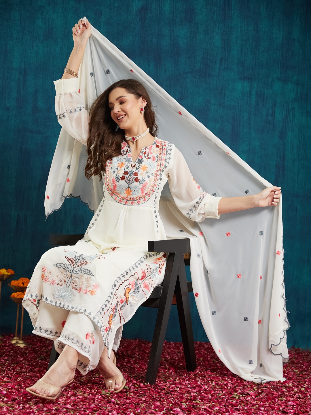 KAVINDI Floral Embroidered Mirror Work Pure Georgette Kurta with Palazzos & Dupatta, White
KAVINDI Floral Embroidered Mirror Work Pure Georgette Kurta with Palazzos & Dupatta, White