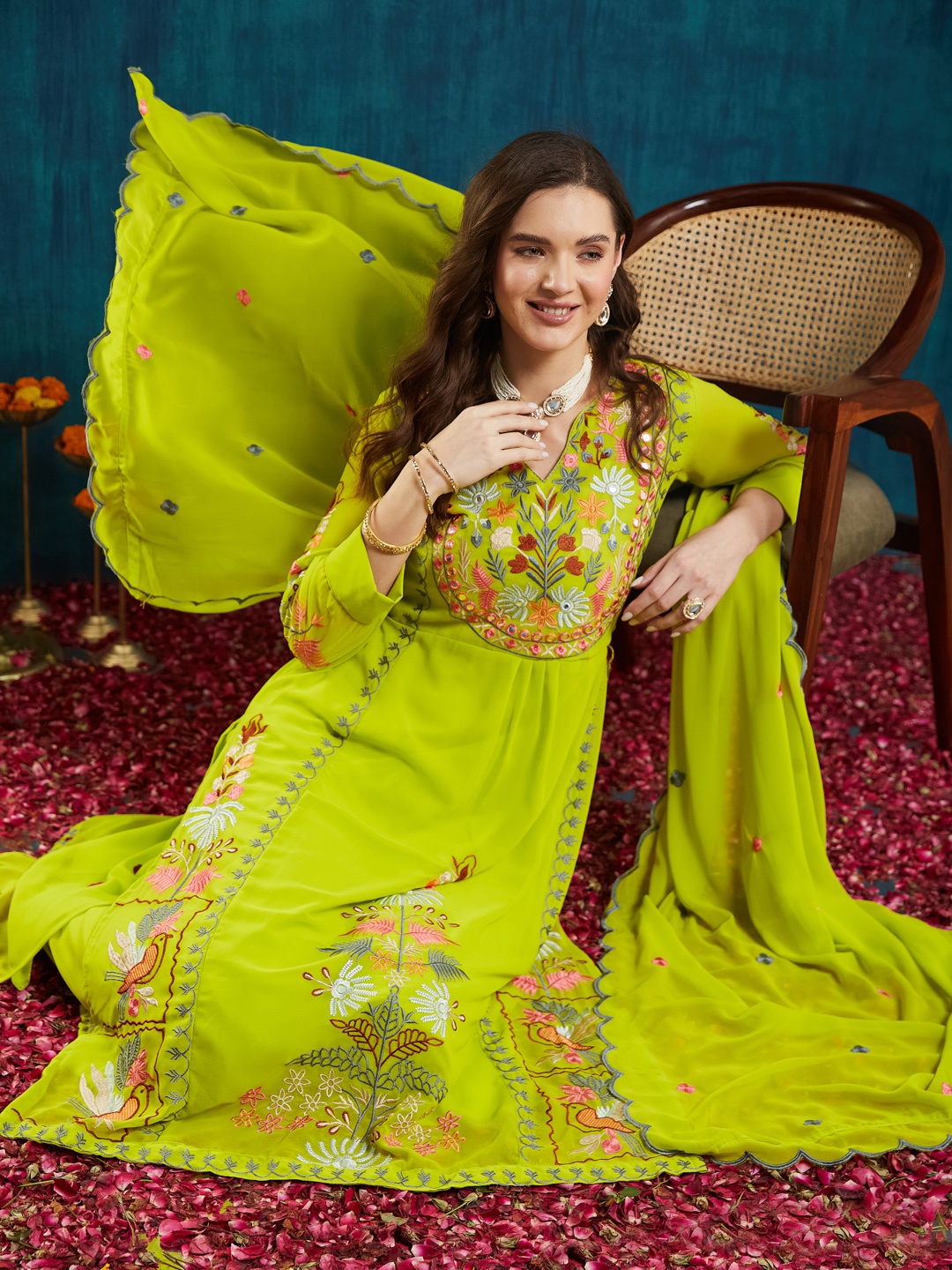 KAVINDI Floral Embroidered Mirror Work Pure Georgette Kurta with Palazzos & Dupatta, Lime green
KAVINDI Floral Embroidered Mirror Work Pure Georgette Kurta with Palazzos & Dupatta, Lime green