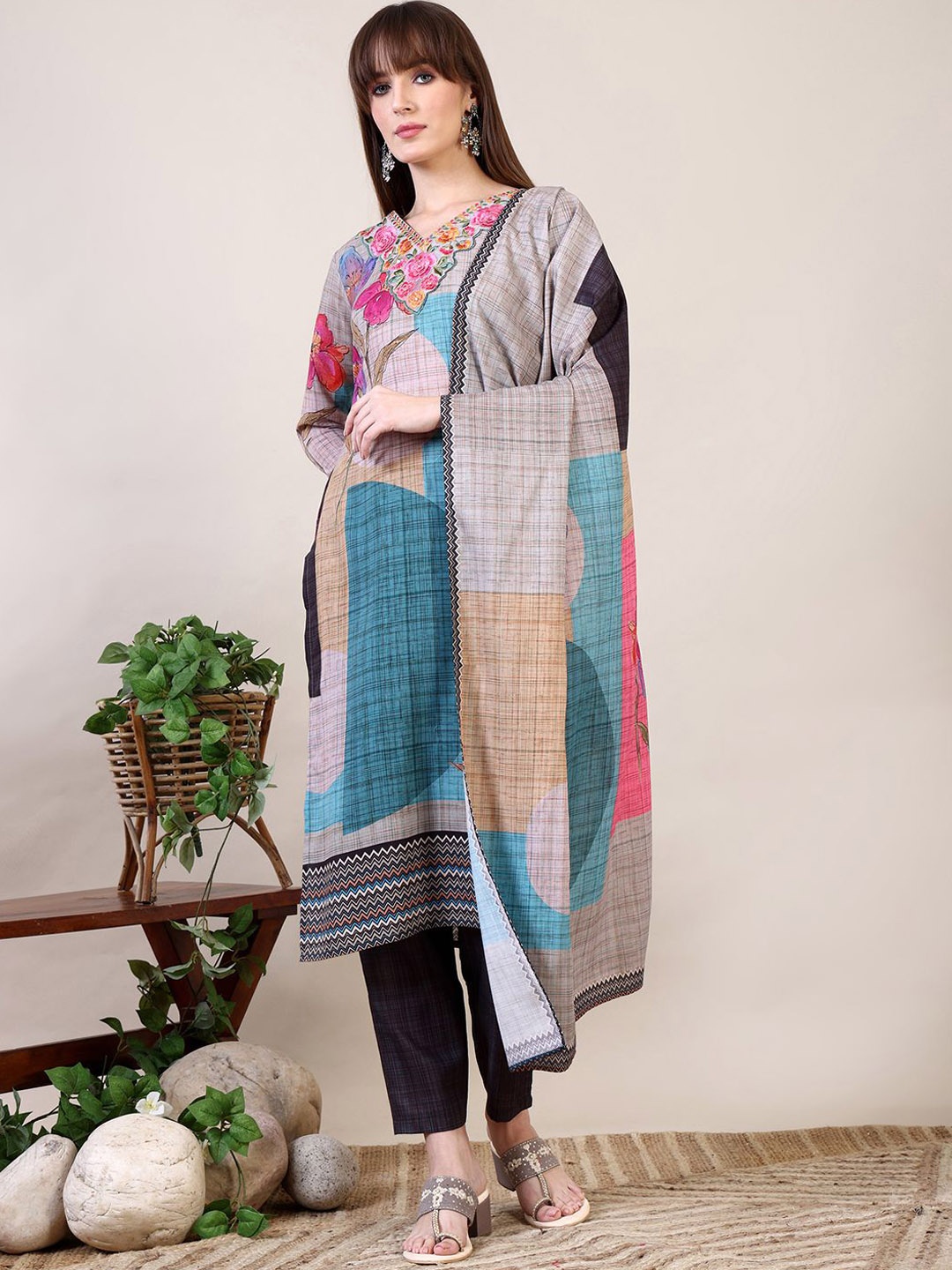 KALINI V-Neck Floral Printed Thread Work Pure Cotton Straight Kurta with Trouser & Dupatta, Grey
KALINI V-Neck Floral Printed Thread Work Pure Cotton Straight Kurta with Trouser & Dupatta, Grey